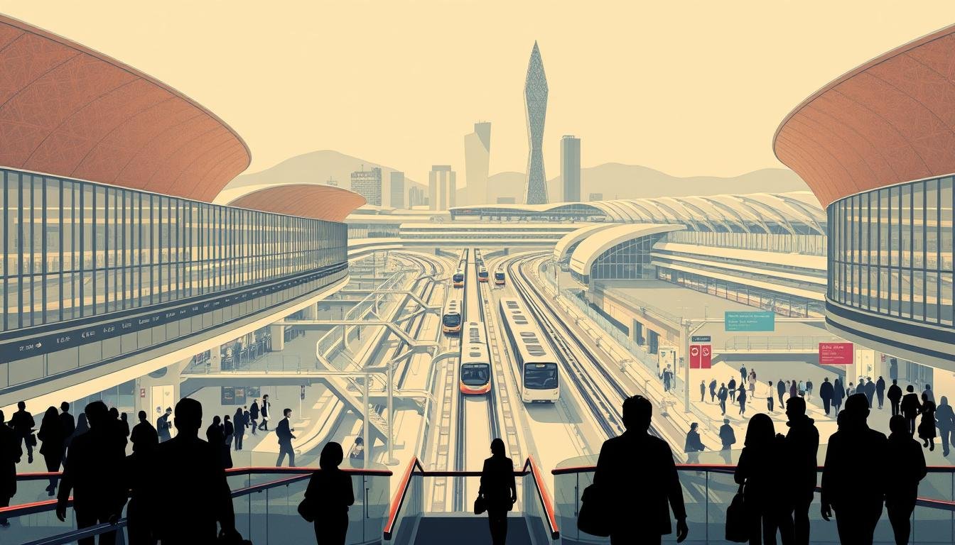 A bustling Incheon International Airport, its terminal buildings and transport hubs captured in a stylized illustration. In the foreground, passengers navigate sleek, glass-enclosed walkways, their silhouettes cast in warm, diffused lighting. The middle ground features an intricate network of monorail tracks and shuttle buses, their paths weaving together seamlessly. In the background, the airport's iconic architecture stands tall, its curvaceous rooflines and angular facades rendered in a muted, contemporary palette. The overall atmosphere conveys a sense of efficient, modern transit, complementing the article's exploration of Seoul's vibrant artistic and musical scene.