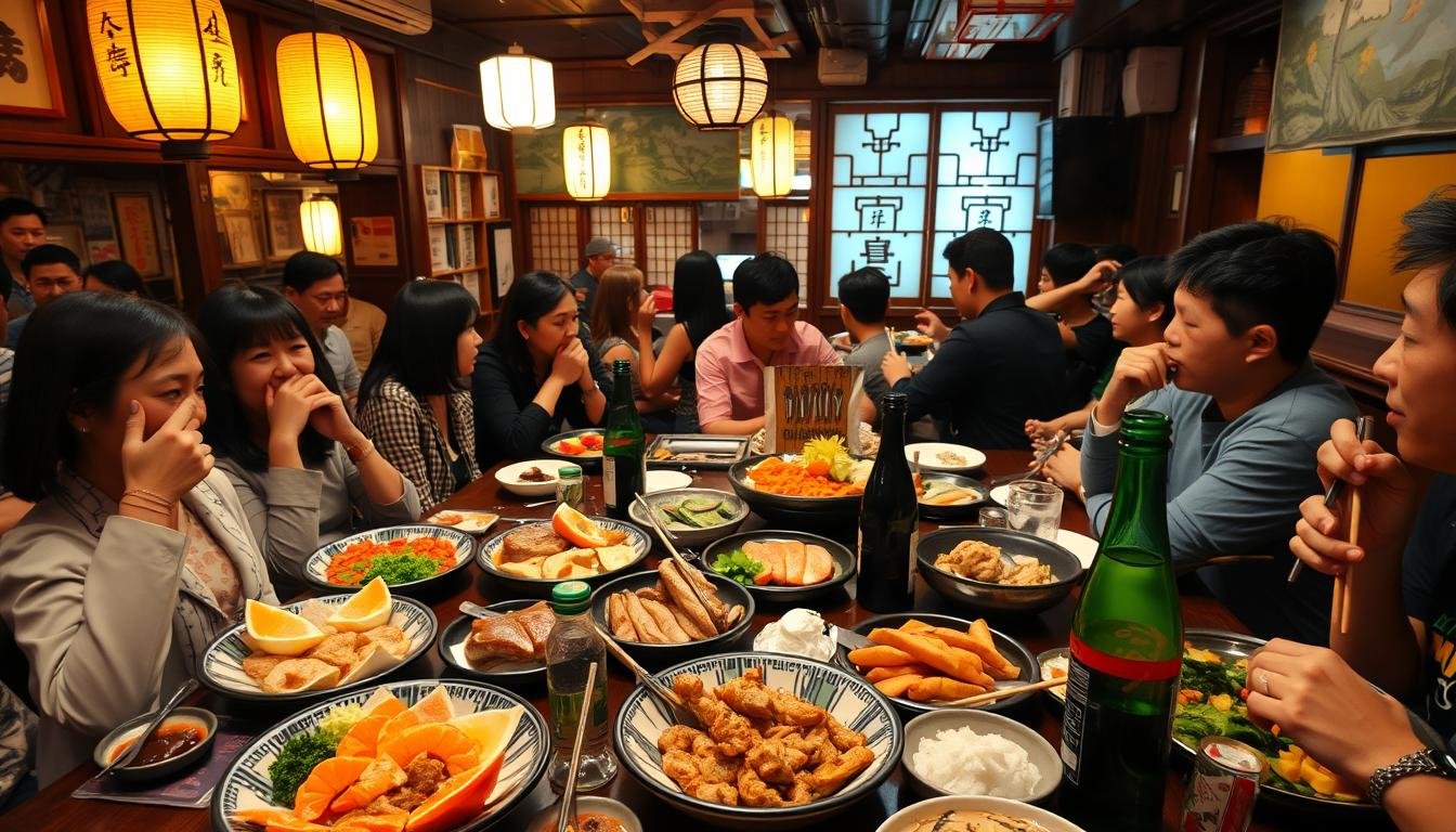 A bustling Japanese izakaya (pub) with diners enjoying local cuisine and drinks. The foreground features a spread of traditional dishes like sashimi, yakitori, and okonomiyaki, with chopsticks and sake bottles on the table. In the middle ground, patrons converse animatedly, creating a lively atmosphere. The background showcases the cozy, wooden interior with lanterns and decorative screens, evoking an authentic Japanese dining experience. The lighting is warm and ambient, creating a welcoming, convivial mood. The camera angle is slightly elevated, providing an immersive, bird's-eye view of the scene. A bustling Japanese izakaya (pub) with diners enjoying local cuisine and drinks. The foreground features a spread of traditional dishes like sashimi, yakitori, and okonomiyaki, with chopsticks and sake bottles on the table. In the middle ground, patrons converse animatedly, creating a lively atmosphere. The background showcases the cozy, wooden interior with lanterns and decorative screens, evoking an authentic Japanese dining experience. The lighting is warm and ambient, creating a welcoming, convivial mood. The camera angle is slightly elevated, providing an immersive, bird's-eye view of the scene.
