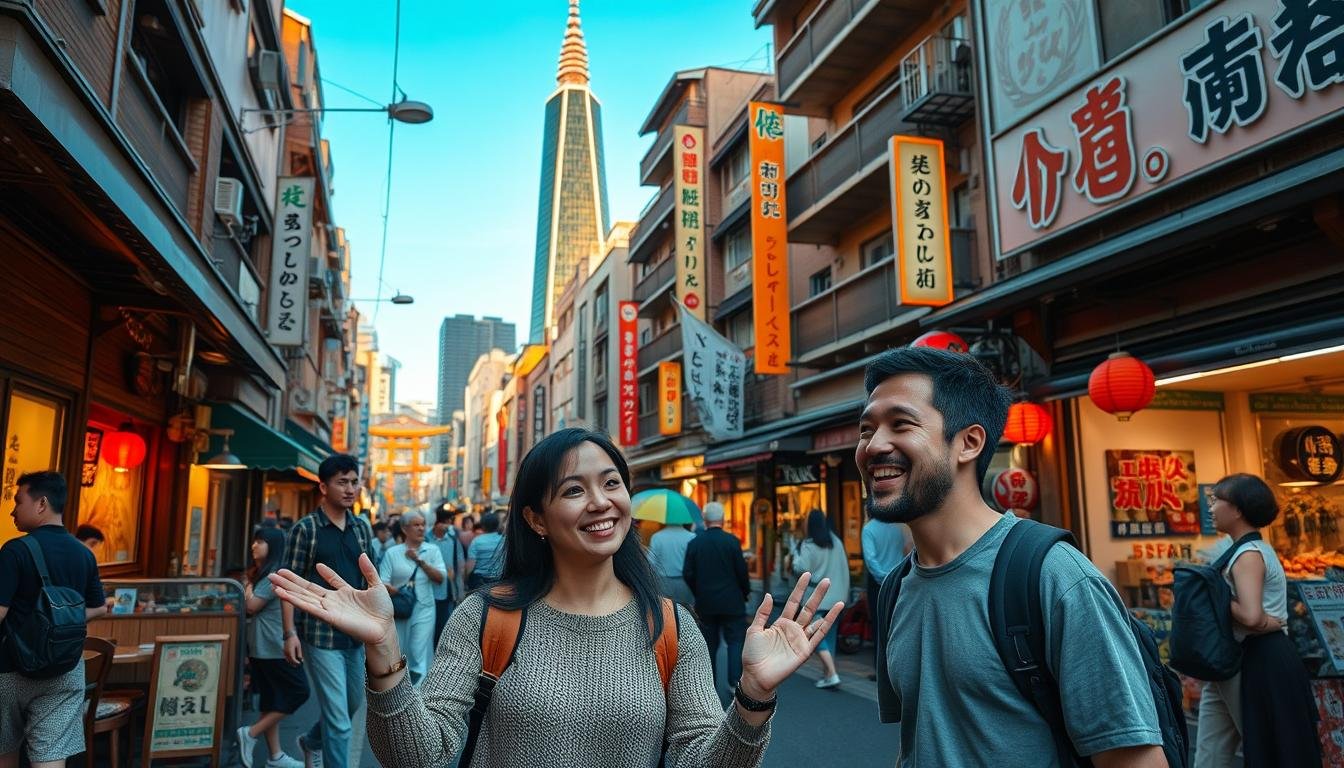 A bustling Japanese street scene, bathed in warm evening light. In the foreground, a young couple animatedly shares their travel experiences, gesturing excitedly. Behind them, locals and tourists browse vibrant shops and cafes, creating a lively atmosphere. The middle ground features a blend of traditional and modern architectural elements, hinting at Japan's rich cultural heritage. In the background, a towering skyscraper punctuates the skyline, showcasing the country's technological prowess. The overall composition conveys a sense of immersion, capturing the essence of a fulfilling Japanese travel experience.