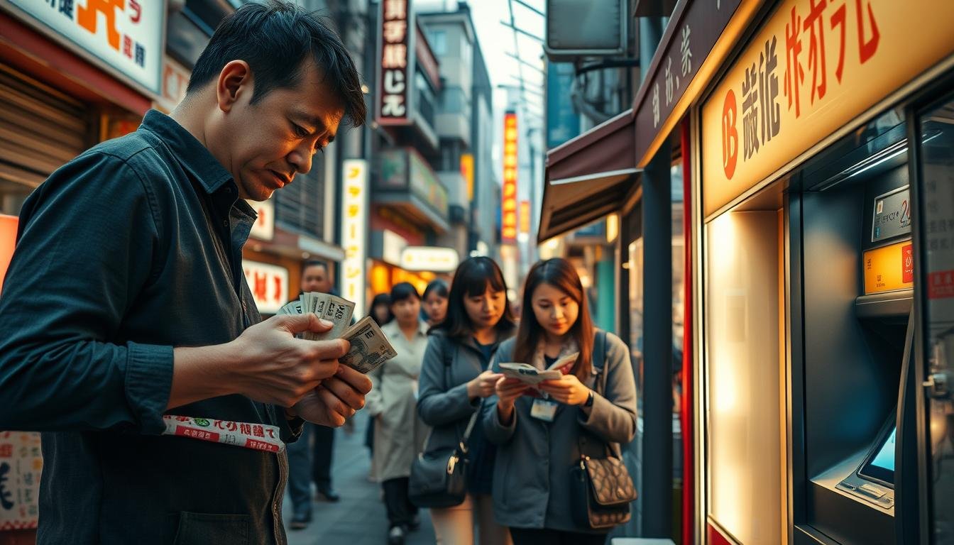 A bustling Japanese street, with people navigating through the lively scene. In the foreground, a man reaches into his wallet, counting his yen notes as he makes a purchase from a street vendor selling traditional Japanese snacks. In the middle ground, a woman withdraws cash from an ATM, the bright display illuminating her focused expression. In the background, neon signs and storefront awnings cast a warm glow, creating an atmospheric urban landscape. The lighting is natural, with soft shadows and highlights that capture the energy of the environment. The camera angle is at eye level, immersing the viewer in the day-to-day cash transactions that are integral to the Japanese travel experience.