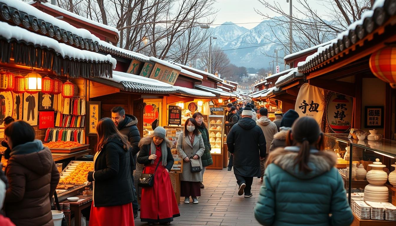 A bustling Korean winter market, filled with the rich aromas of sizzling street food. Vibrant stalls offer steaming kimchi pancakes, spicy tteokbokki, and fragrant hotteok pastries. Shoppers browse vibrant displays of colorful hanbok dresses, delicate hanji paper crafts, and intricate traditional ceramics. Warm lighting casts a golden glow, as lively crowds weave between cozy shops and food carts. In the distance, snow-capped mountains rise, hinting at the breathtaking natural landscapes beyond the urban scene. An immersive, multisensory experience of Korean winter culture, cuisine, and craft.