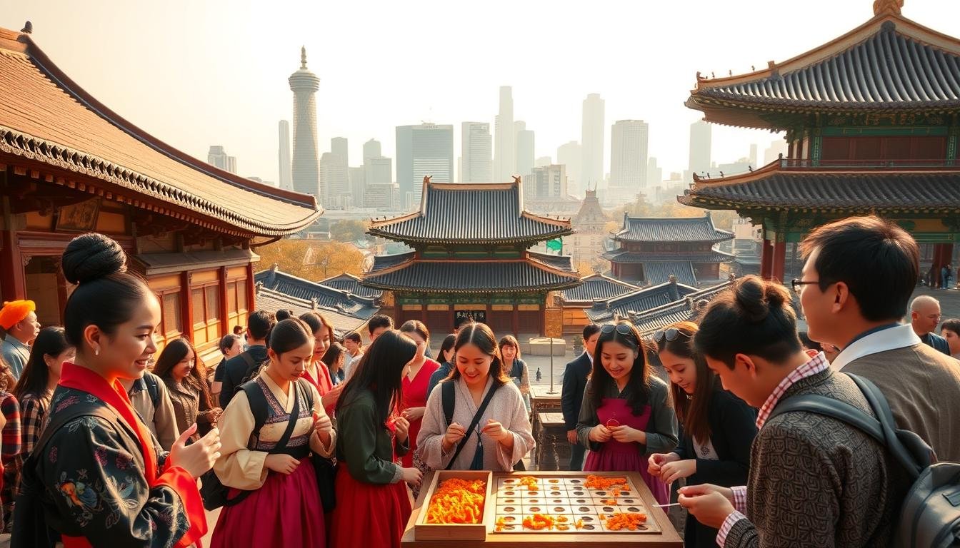A bustling Seoul cultural tour experience, captured in vivid detail. Foreground showcases a group of travelers immersed in traditional Korean activities, such as trying on hanbok dresses, making kimchi, and playing ancient board games. Middle ground features a serene Buddhist temple with intricate architecture and ornate decor. Background depicts the iconic skyline of Seoul, with towering skyscrapers and ancient palace roofs coexisting harmoniously. Warm, golden lighting bathes the scene, creating a sense of wonder and exploration. Wide-angle lens captures the full scope of this authentic cultural adventure, inviting the viewer to step into the vibrant heart of Seoul.