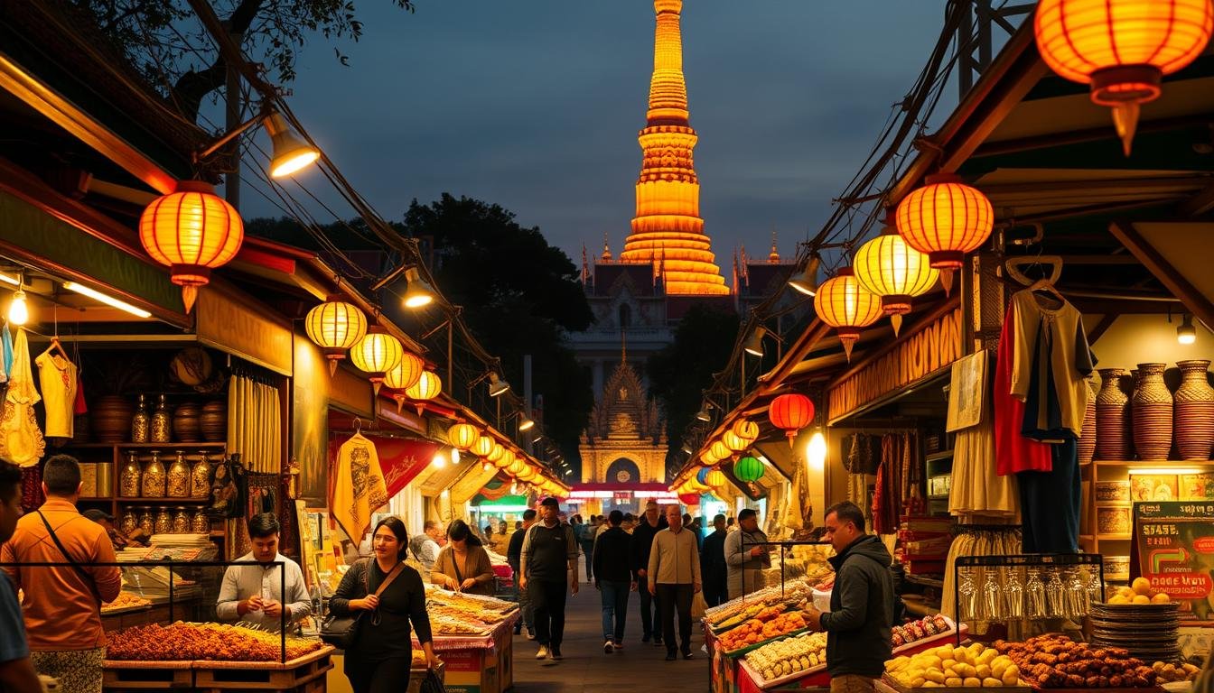 A bustling Thai street market in December, illuminated by warm golden light. In the foreground, vendors offer an array of tantalizing local delicacies - sizzling skewers of satay, fragrant curries, and sweet mango sticky rice. The middle ground features vibrant stalls showcasing intricate crafts, traditional textiles, and colorful lanterns. In the background, a majestic Buddhist temple stands tall, its ornate spires and gilded details reflecting the rich cultural heritage of the country. The atmosphere is lively and immersive, inviting the viewer to fully experience the vibrant sights, sounds, and flavors of Thai cuisine and its deep-rooted traditions. A bustling Thai street market in December, illuminated by warm golden light. In the foreground, vendors offer an array of tantalizing local delicacies - sizzling skewers of satay, fragrant curries, and sweet mango sticky rice. The middle ground features vibrant stalls showcasing intricate crafts, traditional textiles, and colorful lanterns. In the background, a majestic Buddhist temple stands tall, its ornate spires and gilded details reflecting the rich cultural heritage of the country. The atmosphere is lively and immersive, inviting the viewer to fully experience the vibrant sights, sounds, and flavors of Thai cuisine and its deep-rooted traditions.