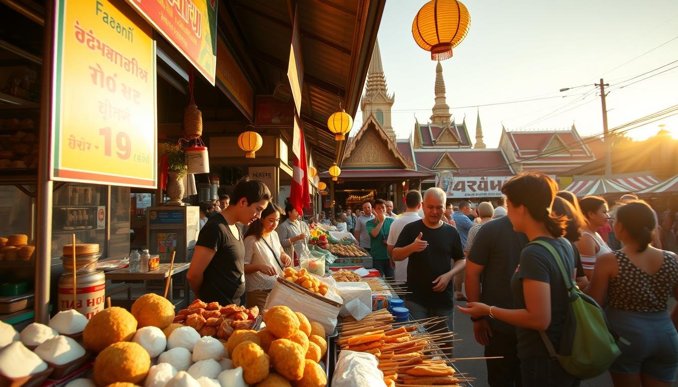 A bustling Thai street market in the golden hour, sunlight filtering through the vibrant canopy of food stalls. In the foreground, an array of traditional Thai snacks and delicacies: fragrant coconut-based sweets, crisp savory fritters, and skewered grilled meats. The middle ground features the lively interactions of local vendors and customers, their animated gestures and friendly exchanges. In the background, a glimpse of the ornate temple spires and the warm glow of lanterns hanging overhead, creating an inviting and authentic atmosphere. The scene is captured with a wide-angle lens, emphasizing the depth and immersive quality of the traditional Thai street food experience.