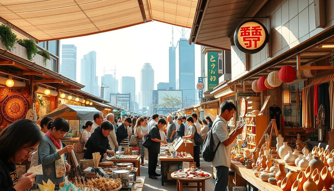 A bustling Tokyo craft market, vibrant with creativity. In the foreground, artisans demonstrate their skilled handiwork - intricate origami, delicate glass blowing, and vibrant textile weaving. Shoppers browse handmade jewelry, pottery, and woodcarvings, their expressions rapt with wonder. The middle ground is a kaleidoscope of color and texture, as vendors display their wares on rustic wooden stalls. Soft natural light filters through the canopy above, casting a warm glow over the scene. In the background, towering skyscrapers and neon signs hint at the modern city beyond, creating a compelling contrast between traditional and contemporary. The atmosphere is one of focused creativity, bustling energy, and an immersive experience of Japanese craftsmanship.
