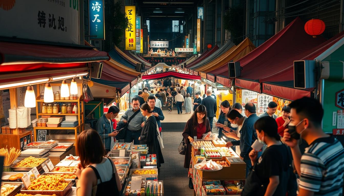 A bustling Tokyo flea market scene, with a vibrant array of street food stalls and live performances. In the foreground, vendors offer an eclectic mix of savory and sweet delicacies, from sizzling yakisoba to mouthwatering taiyaki. In the middle ground, a small stage hosts traditional Japanese dance and music, captivating the crowds. The background features a maze of colorful tents and stalls, each offering unique handmade crafts, vintage finds, and antiques. The lighting is warm and atmospheric, creating a lively and immersive ambiance. The perspective is slightly elevated, providing a panoramic view of the dynamic marketplace. An authentic slice of Tokyo's vibrant flea market culture. A bustling Tokyo flea market scene, with a vibrant array of street food stalls and live performances. In the foreground, vendors offer an eclectic mix of savory and sweet delicacies, from sizzling yakisoba to mouthwatering taiyaki. In the middle ground, a small stage hosts traditional Japanese dance and music, captivating the crowds. The background features a maze of colorful tents and stalls, each offering unique handmade crafts, vintage finds, and antiques. The lighting is warm and atmospheric, creating a lively and immersive ambiance. The perspective is slightly elevated, providing a panoramic view of the dynamic marketplace. An authentic slice of Tokyo's vibrant flea market culture.