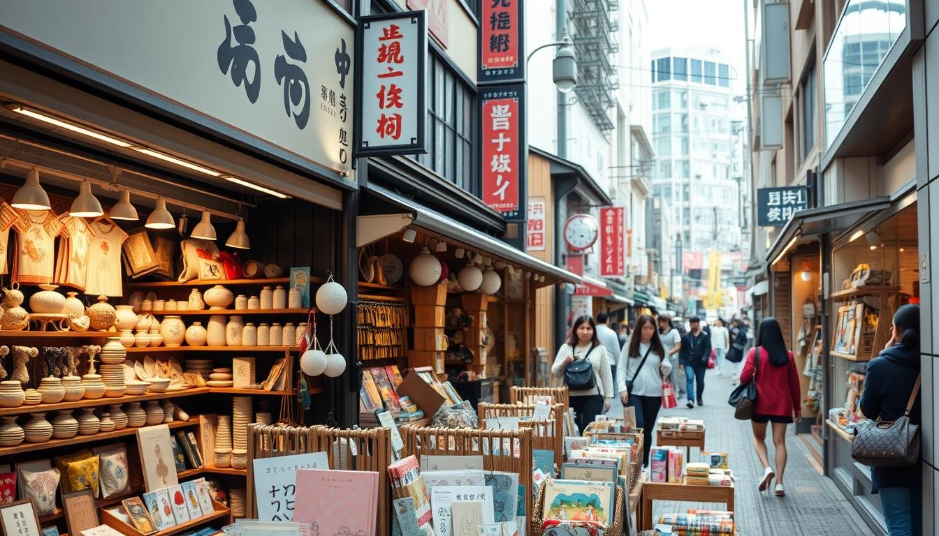 A bustling Tokyo shopping district, with a vibrant array of handcrafted products and cultural souvenirs displayed in charming storefronts. Soft natural lighting filters through the windows, illuminating the intricate textiles, ceramics, and woodwork. In the foreground, a display of whimsical, locally-designed stationery and homewares catches the eye, while in the middle ground, shoppers browse through the eclectic selection of contemporary fashion and accessories. The background features a blend of traditional Japanese architectural elements and modern urban design, creating a harmonious blend of old and new. The overall atmosphere is one of discovery, creativity, and immersion in the city's vibrant cultural heritage. A bustling Tokyo shopping district, with a vibrant array of handcrafted products and cultural souvenirs displayed in charming storefronts. Soft natural lighting filters through the windows, illuminating the intricate textiles, ceramics, and woodwork. In the foreground, a display of whimsical, locally-designed stationery and homewares catches the eye, while in the middle ground, shoppers browse through the eclectic selection of contemporary fashion and accessories. The background features a blend of traditional Japanese architectural elements and modern urban design, creating a harmonious blend of old and new. The overall atmosphere is one of discovery, creativity, and immersion in the city's vibrant cultural heritage.
