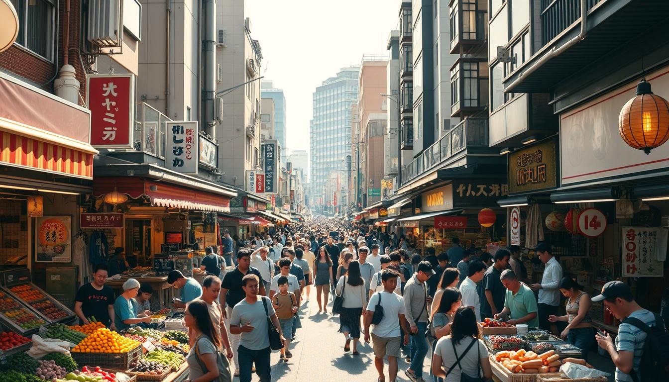 A bustling Tokyo street market on a bright, sunny day. In the foreground, vendors display their wares - fresh produce, street food, and handcrafted goods. Shoppers navigate the crowded aisles, weaving between stalls and carts. In the middle ground, a maze of narrow alleyways and side streets lead to hidden corners of the market. The background is a blend of traditional Japanese architecture and modern high-rises, creating a dynamic urban landscape. Warm, golden lighting filters through the scene, casting a welcoming glow over the vibrant activity. The overall atmosphere is one of lively energy, cultural immersion, and the promise of delicious discoveries.