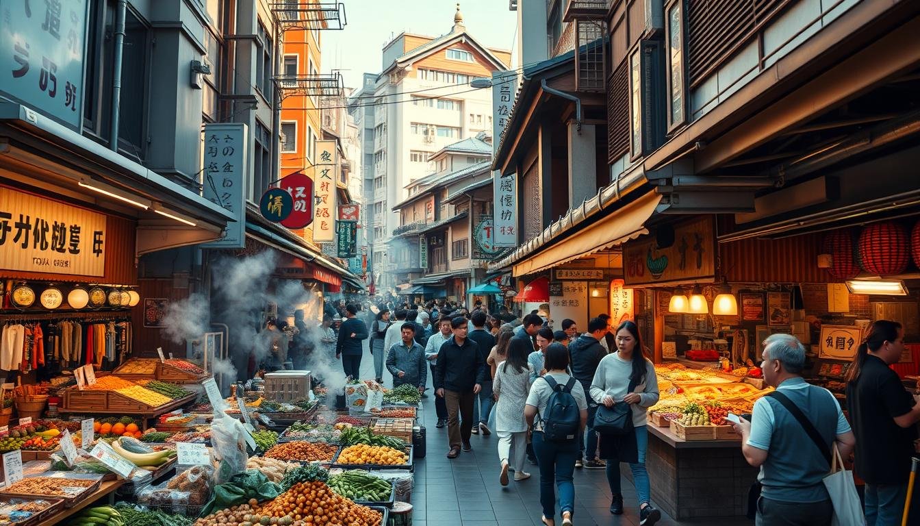A bustling Tokyo street market, vibrant with the sights, sounds, and aromas of local cuisine. In the foreground, vendors offer an array of fresh produce, fragrant spices, and steaming hot delicacies, tempting passersby. The middle ground is filled with lively crowds exploring the stalls, chatting with shopkeepers and sampling the delectable offerings. In the background, the distinctive architecture of traditional Japanese buildings sets the scene, their intricate details illuminated by warm, golden sunlight. The atmosphere is one of energy, discovery, and the celebration of the city's rich culinary heritage. A wide-angle lens captures the dynamic, immersive experience of this authentic urban food haven. A bustling Tokyo street market, vibrant with the sights, sounds, and aromas of local cuisine. In the foreground, vendors offer an array of fresh produce, fragrant spices, and steaming hot delicacies, tempting passersby. The middle ground is filled with lively crowds exploring the stalls, chatting with shopkeepers and sampling the delectable offerings. In the background, the distinctive architecture of traditional Japanese buildings sets the scene, their intricate details illuminated by warm, golden sunlight. The atmosphere is one of energy, discovery, and the celebration of the city's rich culinary heritage. A wide-angle lens captures the dynamic, immersive experience of this authentic urban food haven.