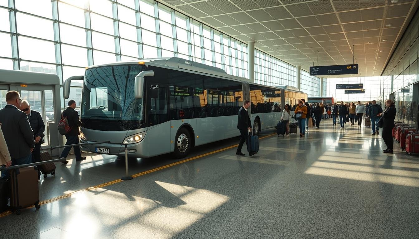 A bustling airport concourse with travelers navigating their way through the terminal. A long airport shuttle bus is pulling up to the curb, its sleek design and bright headlights catching the eye. In the foreground, a group of passengers are loading their luggage onto the bus, while others wait patiently in line. The terminal's glass facades and modern architecture create a sense of efficiency and movement, with sunlight streaming in and casting long shadows across the polished floors. The overall mood is one of organized chaos, as people rush to catch their rides into the city. The scene is captured with a wide-angle lens, giving a comprehensive view of the airport's transit hub in action. A bustling airport concourse with travelers navigating their way through the terminal. A long airport shuttle bus is pulling up to the curb, its sleek design and bright headlights catching the eye. In the foreground, a group of passengers are loading their luggage onto the bus, while others wait patiently in line. The terminal's glass facades and modern architecture create a sense of efficiency and movement, with sunlight streaming in and casting long shadows across the polished floors. The overall mood is one of organized chaos, as people rush to catch their rides into the city. The scene is captured with a wide-angle lens, giving a comprehensive view of the airport's transit hub in action.