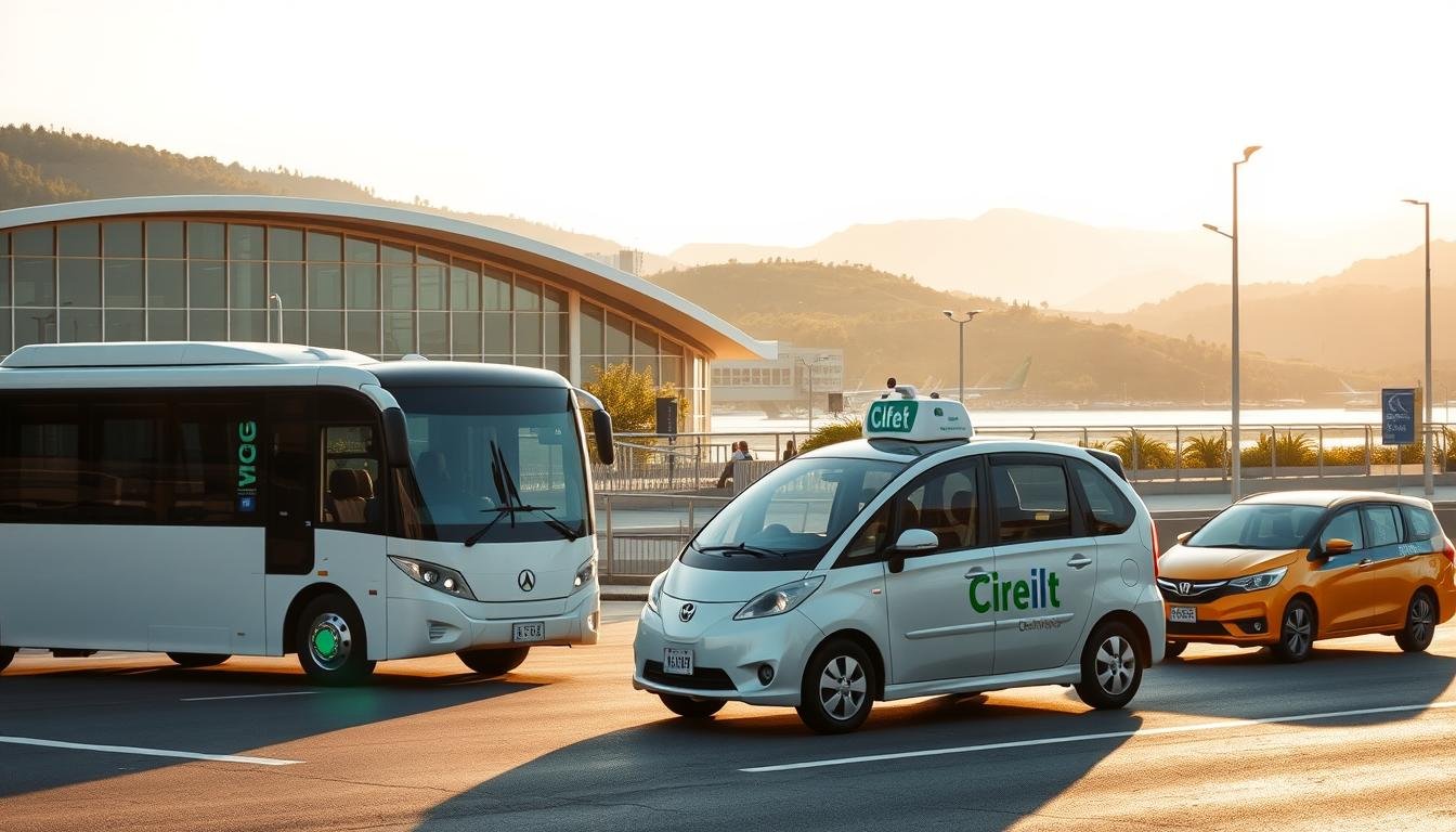 A bustling airport scene with a self-driving airport shuttle bus and a taxi in the foreground. The airport terminal building in the middle ground has a modern, minimalist design with large windows and a curved roof. The background features a picturesque landscape with lush vegetation and rolling hills, creating a serene and tranquil atmosphere. The scene is illuminated by warm, diffused sunlight, casting soft shadows and creating a cozy, inviting ambiance. The composition is balanced, with the transportation options taking center stage, highlighting the ease of getting around the island. The overall impression is one of a seamless, efficient, and pleasant travel experience. A bustling airport scene with a self-driving airport shuttle bus and a taxi in the foreground. The airport terminal building in the middle ground has a modern, minimalist design with large windows and a curved roof. The background features a picturesque landscape with lush vegetation and rolling hills, creating a serene and tranquil atmosphere. The scene is illuminated by warm, diffused sunlight, casting soft shadows and creating a cozy, inviting ambiance. The composition is balanced, with the transportation options taking center stage, highlighting the ease of getting around the island. The overall impression is one of a seamless, efficient, and pleasant travel experience.