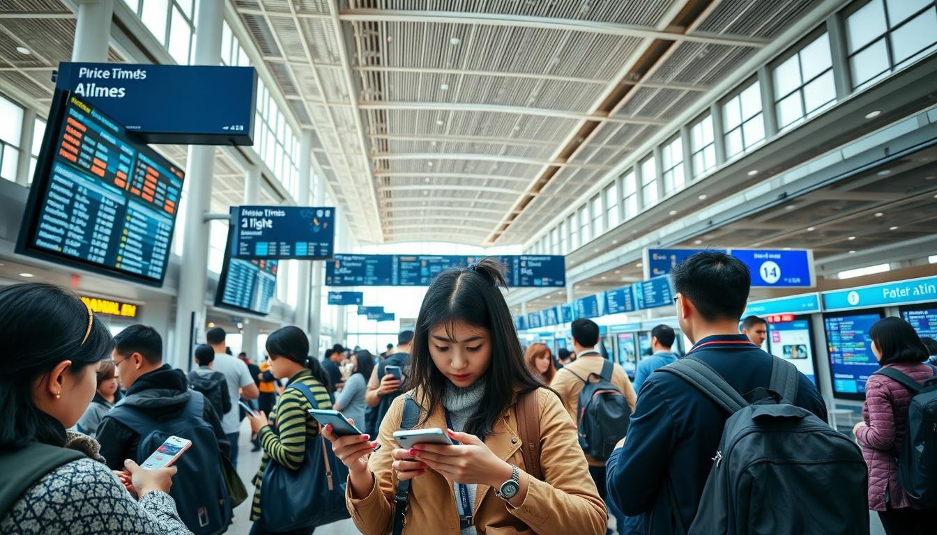 A bustling airport scene, with travelers checking flight times on digital displays. In the foreground, a group of people intently studying their phones, analyzing price trends and flexibility options. The middle ground features airline counters and kiosks, where individuals are booking tickets with a focused expression. The background showcases the architectural grandeur of the terminal, with natural light streaming through large windows. The overall mood is one of anticipation and efficiency, as travelers navigate the process of securing the best deals for their Jeju Island getaway. Captured with a wide-angle lens, the image conveys the importance of timing and cost-saving tools when planning a seamless and rewarding journey to this idyllic destination.