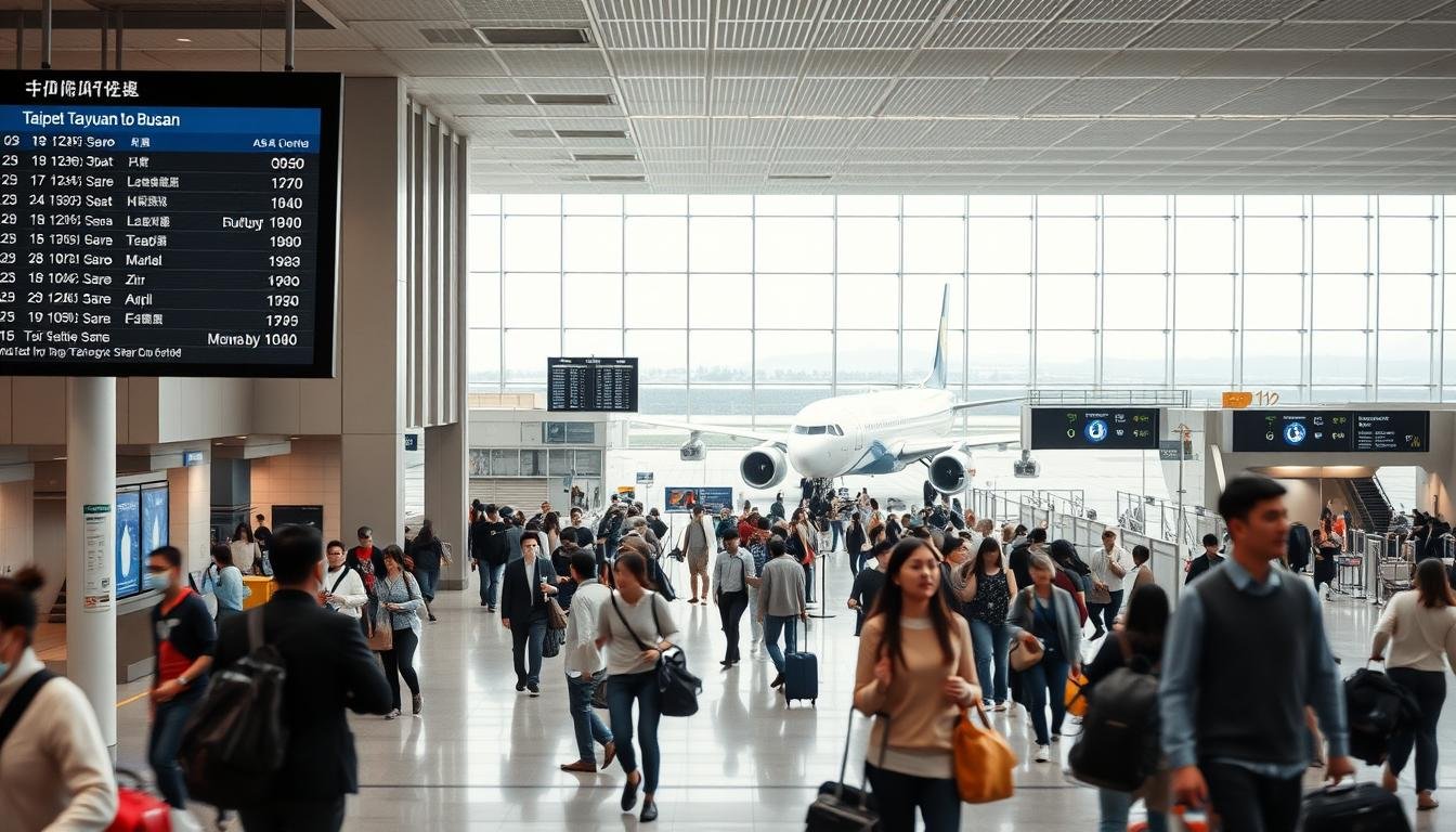 A bustling airport terminal, the sound of announcements echoing through the cavernous space. In the foreground, travelers rush with luggage in hand, weaving through the crowds. A large digital display board shows flight information, the "Taipei Taoyuan to Busan" route highlighted in bold. The middle ground captures the dynamic energy, with people checking in at counters and navigating security checkpoints. In the background, floor-to-ceiling windows reveal the tarmac, where a gleaming Airbus A320 waits to take flight, its engines humming with anticipation. Soft, diffused lighting creates a sense of efficient, modern transportation, while the muted color palette of grays and blues evokes a soothing, business-like atmosphere.