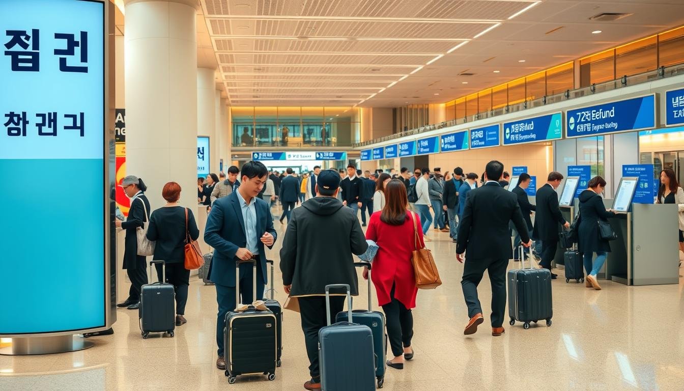 A bustling airport terminal with a prominent sign displaying "Tax Refund" in Korean characters. In the foreground, well-dressed travelers are navigating the process, submitting documents and receiving their refunds from uniformed staff behind desks. The middle ground showcases a clear flow of people, suitcases, and efficient signage, capturing the seamless experience. The background features the architectural elements of the terminal, with high ceilings, glass walls, and a sense of modernity. Warm, natural lighting casts a welcoming glow, and the overall atmosphere conveys a smooth, hassle-free tax refund procedure for Korean shopping enthusiasts.