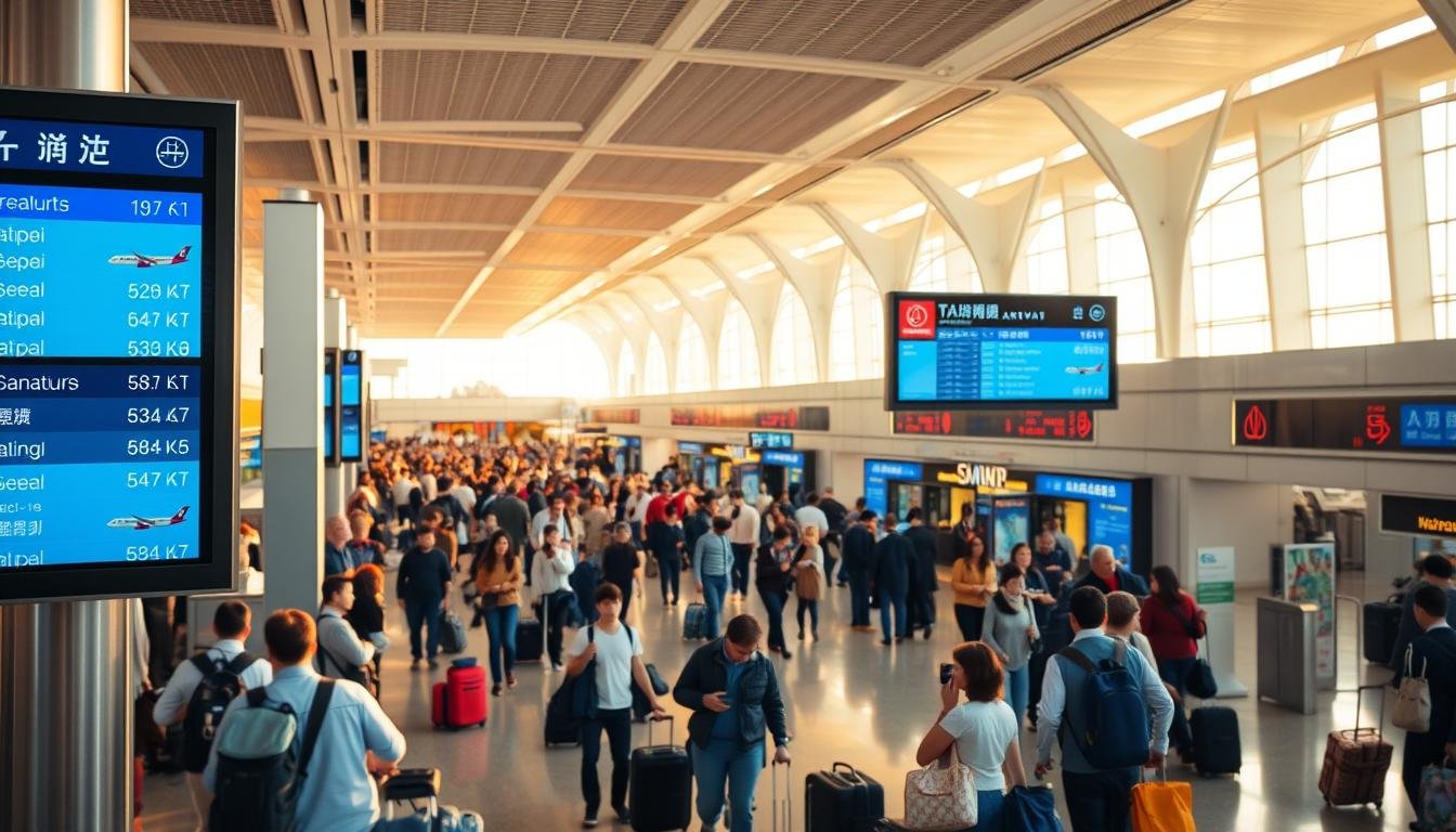 A bustling airport terminal, with travelers navigating through the arrivals and departures halls. The scene is bathed in warm, natural lighting, casting a soft glow on the clean, modern architecture. In the foreground, digital displays showcase flight information and airline logos, highlighting the various options for flights between Taipei and Seoul. In the middle ground, travelers stand in queues, checking in at airline counters or browsing duty-free shops. The background is filled with the bustle of people moving through the concourses, their luggage in tow. The overall atmosphere conveys a sense of efficient travel and the excitement of an international journey. A bustling airport terminal, with travelers navigating through the arrivals and departures halls. The scene is bathed in warm, natural lighting, casting a soft glow on the clean, modern architecture. In the foreground, digital displays showcase flight information and airline logos, highlighting the various options for flights between Taipei and Seoul. In the middle ground, travelers stand in queues, checking in at airline counters or browsing duty-free shops. The background is filled with the bustle of people moving through the concourses, their luggage in tow. The overall atmosphere conveys a sense of efficient travel and the excitement of an international journey.