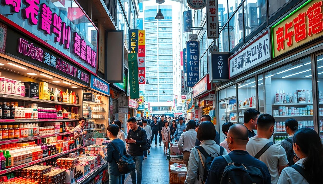 A bustling beauty and cosmetic market in Busan, South Korea, with vibrant displays of makeup, skincare, and pharmaceutical products. Neon-lit shop fronts and crowded aisles create an energetic, urban atmosphere. Rows of colorful packaging and bottles of Korean beauty brands catch the eye, while locals and tourists browse the diverse selection. Natural lighting filters in through large windows, casting a warm glow over the scene. The foreground features an array of must-have Korean makeup and skincare essentials, while the background showcases the lively street life and architecture of the Busan shopping district. A bustling beauty and cosmetic market in Busan, South Korea, with vibrant displays of makeup, skincare, and pharmaceutical products. Neon-lit shop fronts and crowded aisles create an energetic, urban atmosphere. Rows of colorful packaging and bottles of Korean beauty brands catch the eye, while locals and tourists browse the diverse selection. Natural lighting filters in through large windows, casting a warm glow over the scene. The foreground features an array of must-have Korean makeup and skincare essentials, while the background showcases the lively street life and architecture of the Busan shopping district.