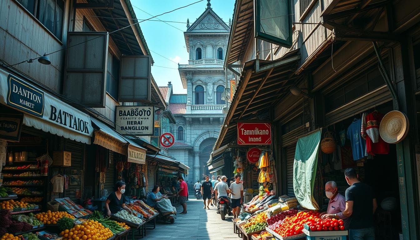 A bustling century-old Bangkok market, its weathered facades and vibrant stalls frozen in time. Sunlight filters through the crowded alleyways, illuminating the intricate details of aging storefront signs and weathered wooden structures. In the foreground, a colorful array of local produce and handcrafted wares spill out from the stalls, beckoning passersby. The middle ground reveals the animated interactions between shopkeepers and customers, their faces etched with the stories of generations. In the background, the market's timeless architecture stands as a testament to the city's rich history, blending tradition and modernity. A sense of timelessness and community permeates the scene, inviting the viewer to step back in time and explore the treasures of this enduring Bangkok landmark.