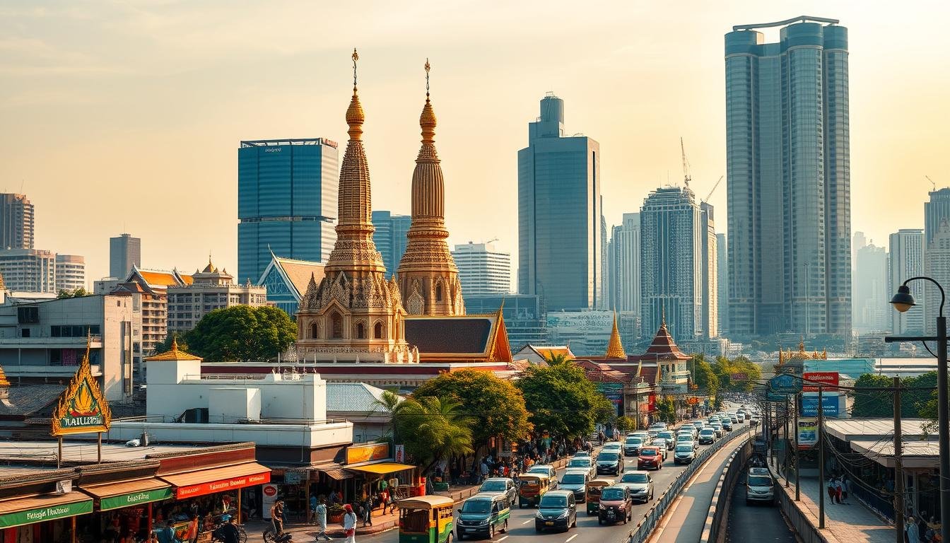 A bustling city skyline of Bangkok, the vibrant capital of Thailand. Towering skyscrapers and historic temples coexist harmoniously, creating a unique urban landscape. In the foreground, the iconic Wat Arun temple rises majestically, its intricate spires and ornate details sparkling in the warm, golden sunlight. The middle ground features the lively streets below, bustling with local vendors, tuk-tuks, and pedestrians, capturing the energy and liveliness of this tourist hotspot. In the background, the modern high-rise buildings and the glistening Chao Phraya River create a captivating contrast, showcasing the city's blend of old and new. The image should convey a sense of awe, wonder, and the must-visit allure of Bangkok's top tourist attractions. A bustling city skyline of Bangkok, the vibrant capital of Thailand. Towering skyscrapers and historic temples coexist harmoniously, creating a unique urban landscape. In the foreground, the iconic Wat Arun temple rises majestically, its intricate spires and ornate details sparkling in the warm, golden sunlight. The middle ground features the lively streets below, bustling with local vendors, tuk-tuks, and pedestrians, capturing the energy and liveliness of this tourist hotspot. In the background, the modern high-rise buildings and the glistening Chao Phraya River create a captivating contrast, showcasing the city's blend of old and new. The image should convey a sense of awe, wonder, and the must-visit allure of Bangkok's top tourist attractions.