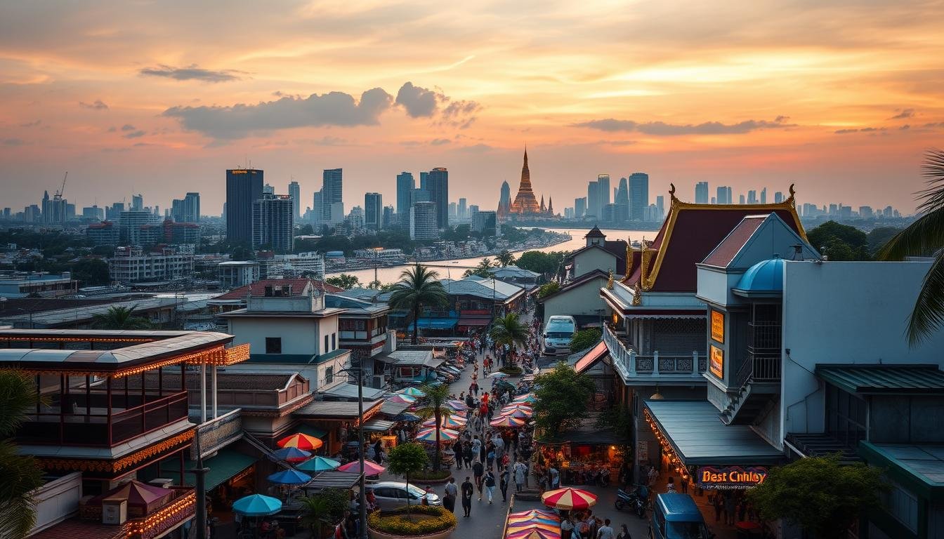 A bustling city skyline of Bangkok, with the iconic Chao Phraya River winding through the heart of the metropolis. In the distance, the iconic towers of Wat Arun, the Temple of Dawn, rise majestically against the backdrop of a vibrant sunset. In the foreground, the lively streets of the Pattaya beachfront come to life, filled with colorful umbrellas, beachside cafes, and bustling crowds enjoying the warm tropical air. The scene is captured through a wide-angle lens, conveying a sense of grand scale and immersive atmosphere, with soft, warm lighting illuminating the vibrant colors and dynamic energy of this quintessential Thai travel destination.