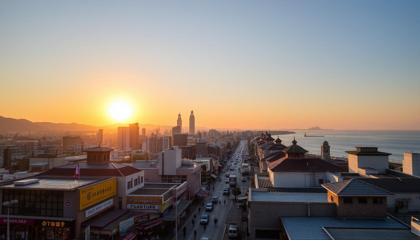 A bustling city skyline of Busan, South Korea, bathed in a warm golden glow as the sun sets over the harbor. In the foreground, a meticulously curated shopping experience unfolds, with vibrant local markets, high-end boutiques, and traditional craft stalls lining the streets. The middle ground showcases a seamless blend of modern architecture and historical landmarks, creating a unique tapestry of the city's cultural heritage. In the background, the picturesque Gwangalli Beach stretches out, its azure waters reflecting the amber-hued sky. The scene exudes a sense of harmonious exploration, where shopping and sightseeing converge to offer a comprehensive Busan experience. A bustling city skyline of Busan, South Korea, bathed in a warm golden glow as the sun sets over the harbor. In the foreground, a meticulously curated shopping experience unfolds, with vibrant local markets, high-end boutiques, and traditional craft stalls lining the streets. The middle ground showcases a seamless blend of modern architecture and historical landmarks, creating a unique tapestry of the city's cultural heritage. In the background, the picturesque Gwangalli Beach stretches out, its azure waters reflecting the amber-hued sky. The scene exudes a sense of harmonious exploration, where shopping and sightseeing converge to offer a comprehensive Busan experience.