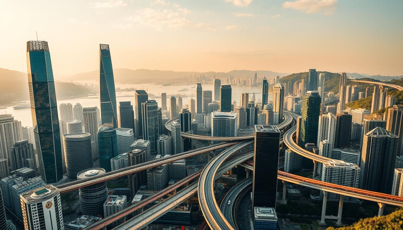 A bustling city skyline of Hong Kong, the global transportation hub, captured in a cinematic wide-angle view. Towering skyscrapers and iconic landmarks like the IFC building and the Bank of China Tower dominate the foreground, their sleek glass facades reflecting the vibrant energy of the city. In the middle ground, a complex network of elevated highways, railways, and bridges seamlessly connect the urban landscape, creating a mesmerizing tapestry of infrastructure. The background features the renowned Victoria Harbour, with its bustling ships and ferries traversing the waters, and the lush green hills that frame the city's breathtaking panorama. The scene is bathed in warm, golden-hour lighting, casting a serene yet dynamic ambiance that celebrates Hong Kong's reputation as the world's premier transportation hub. A bustling city skyline of Hong Kong, the global transportation hub, captured in a cinematic wide-angle view. Towering skyscrapers and iconic landmarks like the IFC building and the Bank of China Tower dominate the foreground, their sleek glass facades reflecting the vibrant energy of the city. In the middle ground, a complex network of elevated highways, railways, and bridges seamlessly connect the urban landscape, creating a mesmerizing tapestry of infrastructure. The background features the renowned Victoria Harbour, with its bustling ships and ferries traversing the waters, and the lush green hills that frame the city's breathtaking panorama. The scene is bathed in warm, golden-hour lighting, casting a serene yet dynamic ambiance that celebrates Hong Kong's reputation as the world's premier transportation hub.