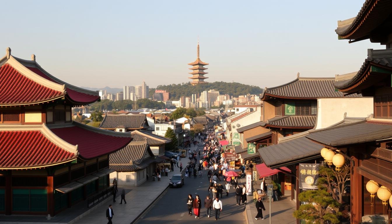 A bustling city skyline of Seoul, South Korea, bathed in warm afternoon light. In the foreground, a traditional Korean palace with intricate architecture and vibrant red-tiled roofs stands proudly. In the middle ground, pedestrians stroll along a lively street lined with shops, restaurants, and street vendors, showcasing the city's rich cultural heritage. The background features the iconic N Seoul Tower atop a scenic hill, surrounded by a blend of modern high-rises and lush greenery. The scene captures the essence of Seoul's unique blend of ancient and contemporary elements, inviting the viewer to embark on a captivating cultural journey.