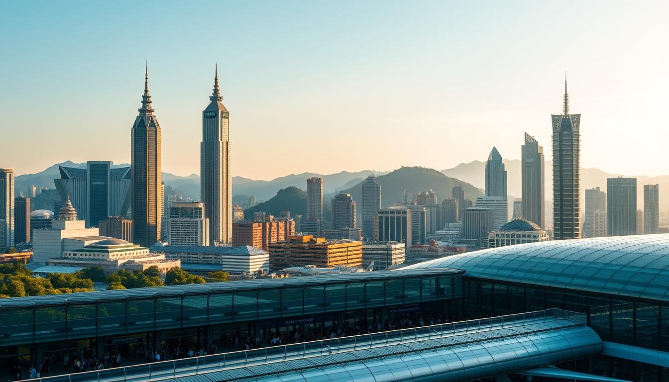 A bustling city skyline of Taichung, Taiwan, bathed in the warm glow of the morning sun. Towering high-rises and iconic landmarks such as the Taichung Metropolitan Opera House and Taichung City Hall punctuate the cityscape, their sleek, modern facades contrasted by the lush green hills that rise in the distance. In the foreground, a busy airport terminal, its glass-and-steel structure gleaming, with passengers hurrying to board their flights to destinations across Asia. The scene conveys a sense of vibrant energy and connectivity, perfectly capturing the essence of Taichung as a thriving hub for travel and commerce.