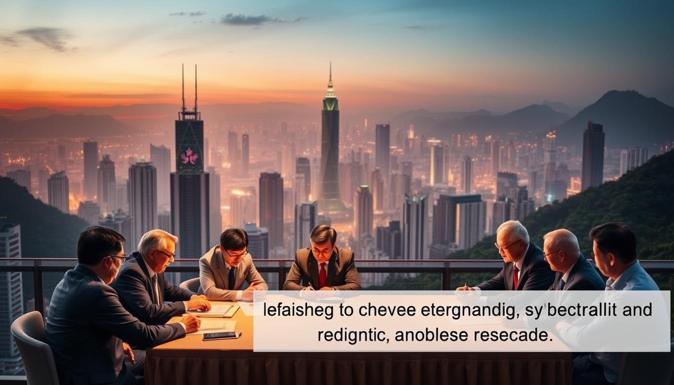 A bustling city skyline set against a hazy, twilight backdrop. In the foreground, a group of government officials gather around a large table, engaged in a serious discussion. The lighting is warm and inviting, casting a soft glow on their faces as they ponder the intricacies of Hong Kong's population policy adjustments. In the middle ground, high-rise buildings stretch towards the sky, representing the changing urban landscape. The background is a blend of modern architecture and lush greenery, symbolizing the balance between development and the environment. The scene conveys a sense of thoughtful deliberation, as the policymakers work to reshape Hong Kong's demographic landscape.
