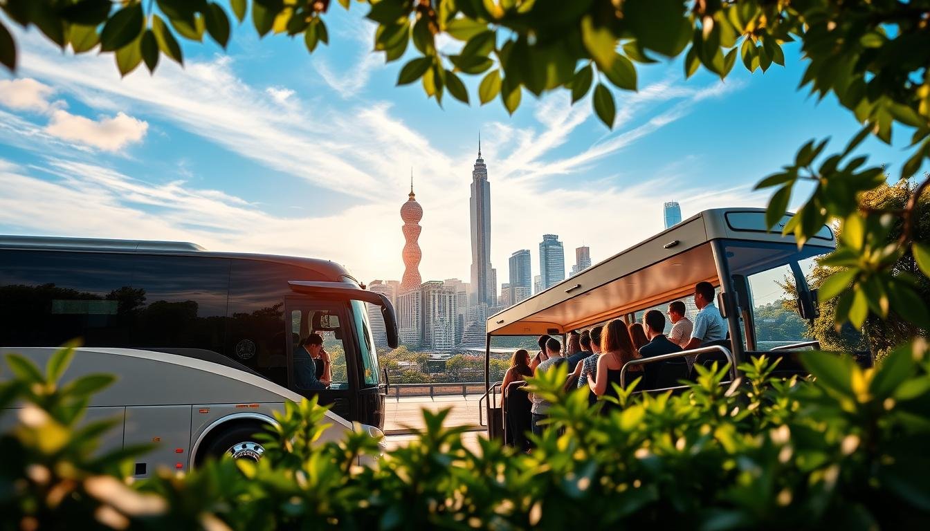 A bustling city skyline, the iconic landmarks of Taichung standing tall against a backdrop of vibrant blue skies. In the foreground, a sleek tour bus waits, its chrome accents gleaming in the warm afternoon sun. Passengers board excitedly, eager to embark on a journey through the heart of Korea, their faces alight with anticipation. The scene is framed by lush greenery, a gentle breeze rustling the leaves as the bus prepares to depart, setting off on a adventure that will showcase the best of the Korean peninsula.