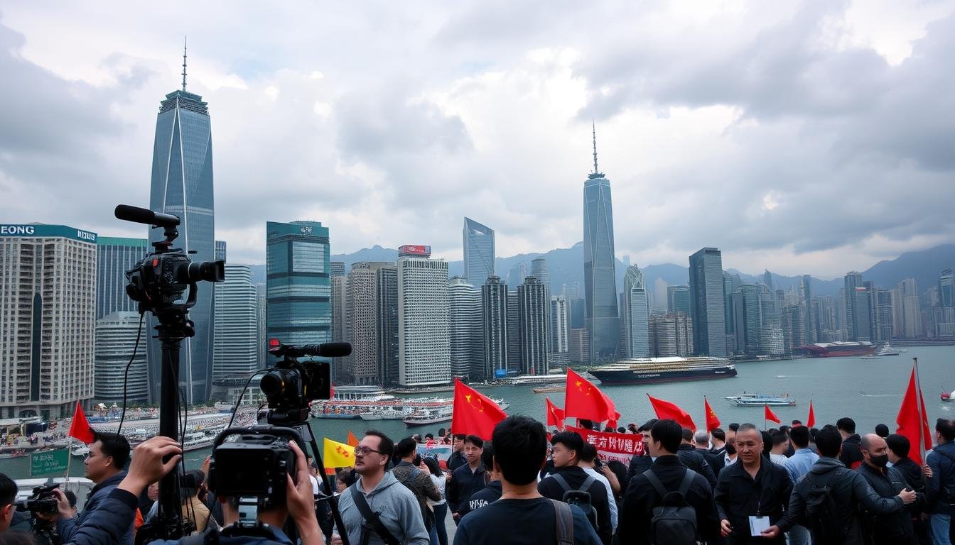 A bustling city skyline, with towering skyscrapers and a vibrant harbor in the foreground. International news crews film and report on the ongoing events, their cameras and microphones capturing the energy of the scene. The sky is a moody blend of grays and blues, with ominous clouds hinting at the tensions below. In the middle ground, protesters march with banners and flags, their faces determined and resolute. The background is a tapestry of global media outlets, their logos and branding visible across the cityscape, signifying the widespread coverage of the Hong Kong events. The overall tone is one of intense scrutiny and global interest, as the world watches the unfolding drama unfold. A bustling city skyline, with towering skyscrapers and a vibrant harbor in the foreground. International news crews film and report on the ongoing events, their cameras and microphones capturing the energy of the scene. The sky is a moody blend of grays and blues, with ominous clouds hinting at the tensions below. In the middle ground, protesters march with banners and flags, their faces determined and resolute. The background is a tapestry of global media outlets, their logos and branding visible across the cityscape, signifying the widespread coverage of the Hong Kong events. The overall tone is one of intense scrutiny and global interest, as the world watches the unfolding drama unfold.