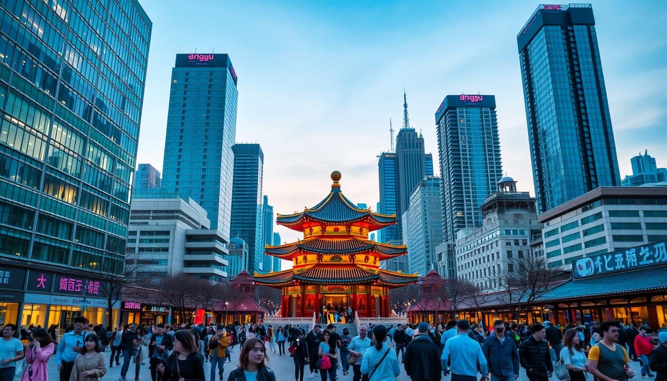 A bustling city square in Daegu, South Korea, with a blend of modern and traditional architecture. In the foreground, a group of locals and tourists mingle, capturing the vibrant energy of the city. The middle ground features a grand, ornate pavilion, its intricate details highlighted by warm, golden lighting. In the background, towering skyscrapers and historic buildings create a captivating skyline, bathed in the soft hues of the evening sky. The scene exudes a sense of cultural richness, inviting the viewer to explore the hidden charms of this dynamic urban landscape.