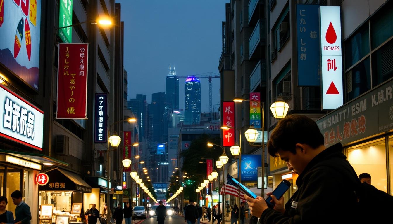 A bustling city street in Busan, South Korea, bathed in the warm glow of streetlights. In the foreground, a person discreetly consulting their smartphone, likely checking their eSIM network connectivity. The middle ground features a mix of local shops, restaurants, and pedestrians going about their evening routines. In the background, the iconic Busan skyline rises, with towering high-rises and cranes dotting the horizon. The scene conveys a sense of urban vibrancy and technological modernity, perfectly capturing the essence of Busan's eSIM and wireless connectivity services.