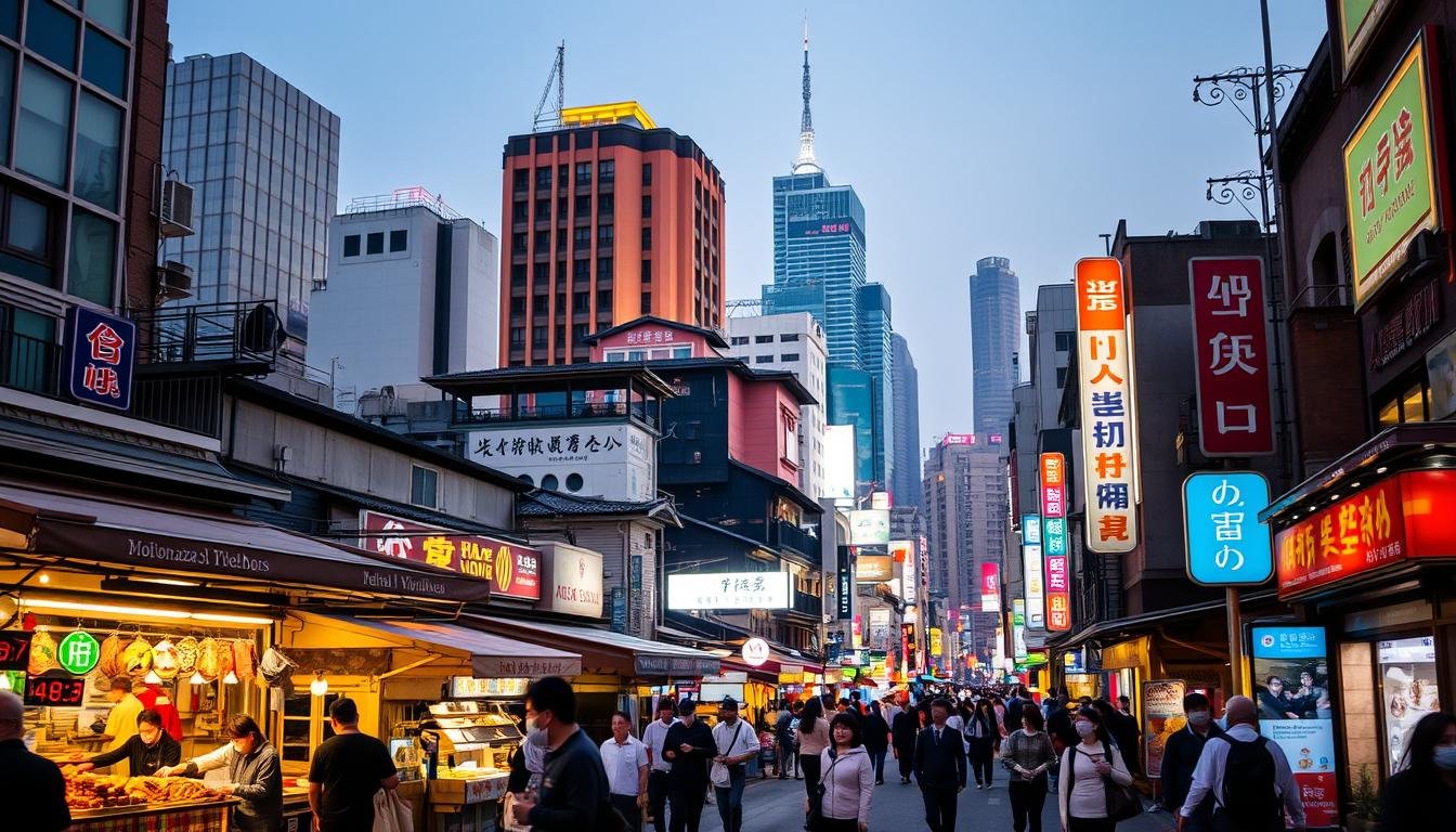 A bustling city street in Seoul, South Korea at night. In the foreground, a colorful array of street food stalls and vendors selling local delicacies, their vibrant lights and aromas drawing in passersby. In the middle ground, a mix of modern high-rise hotels and traditional hanok-style guesthouses, their facades illuminated by warm lighting. The background features the iconic skyline of Seoul, with its towering skyscrapers and neon-lit billboards. The scene is bathed in a soft, golden glow, creating an inviting and atmospheric mood. Seamlessly blending the old and new, this image captures the essence of the "交通住宿攻略" section, showcasing the vibrant transportation options and diverse accommodation choices available to visitors of Seoul's lively Myeongdong Night Market.
