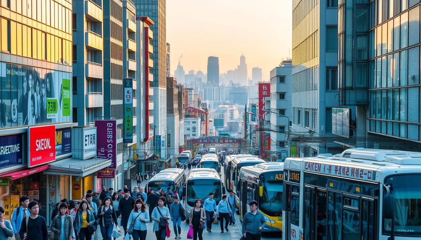A bustling city street in Seoul, South Korea, captured in a vibrant and dynamic composition. In the foreground, pedestrians navigate the crowded sidewalks, carrying shopping bags and navigating around efficient public transportation vehicles. The middle ground features a mix of modern high-rise buildings and traditional Korean architecture, with a focus on efficient and cost-effective transportation options such as buses and subways. The background showcases a scenic view of the city skyline, bathed in warm, golden-hour lighting that creates a sense of tranquility and efficiency. The overall atmosphere conveys the idea of a well-connected, sustainable, and budget-friendly transportation system that seamlessly integrates with the urban landscape. A bustling city street in Seoul, South Korea, captured in a vibrant and dynamic composition. In the foreground, pedestrians navigate the crowded sidewalks, carrying shopping bags and navigating around efficient public transportation vehicles. The middle ground features a mix of modern high-rise buildings and traditional Korean architecture, with a focus on efficient and cost-effective transportation options such as buses and subways. The background showcases a scenic view of the city skyline, bathed in warm, golden-hour lighting that creates a sense of tranquility and efficiency. The overall atmosphere conveys the idea of a well-connected, sustainable, and budget-friendly transportation system that seamlessly integrates with the urban landscape.