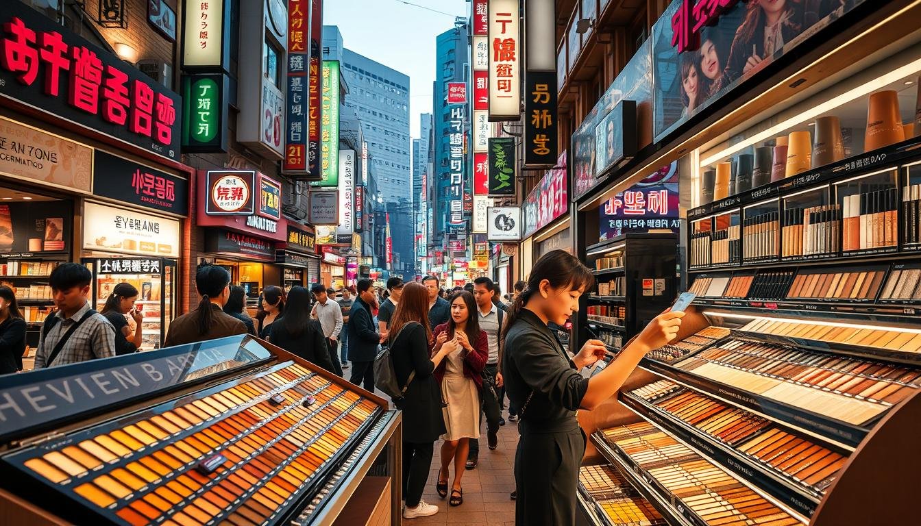 A bustling city street in Seoul, South Korea, filled with an array of cosmetic stores and makeup counters. In the foreground, a well-lit display showcases an array of premium eyeshadow palettes, their rich colors and textures tempting passersby. The middle ground features customers being assisted by knowledgeable salespeople, demonstrating techniques and offering personalized recommendations. In the background, the iconic architecture of Myeong-dong district sets the scene, with neon signs and vibrant storefronts creating an immersive, energetic atmosphere. Warm, golden lighting casts a flattering glow over the scene, highlighting the high-quality, government-certified cosmetics on offer. The overall composition conveys the excitement and expertise of the in-store makeup shopping experience. A bustling city street in Seoul, South Korea, filled with an array of cosmetic stores and makeup counters. In the foreground, a well-lit display showcases an array of premium eyeshadow palettes, their rich colors and textures tempting passersby. The middle ground features customers being assisted by knowledgeable salespeople, demonstrating techniques and offering personalized recommendations. In the background, the iconic architecture of Myeong-dong district sets the scene, with neon signs and vibrant storefronts creating an immersive, energetic atmosphere. Warm, golden lighting casts a flattering glow over the scene, highlighting the high-quality, government-certified cosmetics on offer. The overall composition conveys the excitement and expertise of the in-store makeup shopping experience.