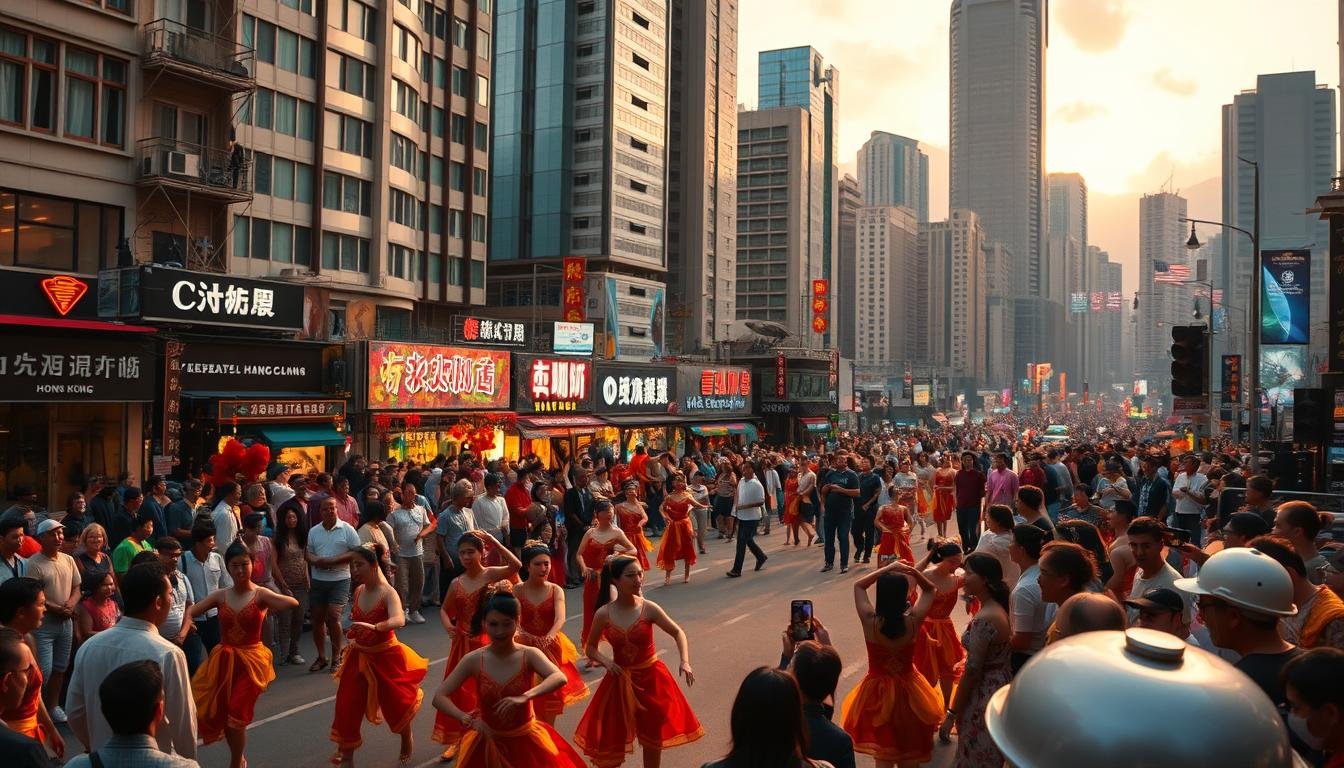 A bustling city street in the heart of Hong Kong, filled with a vibrant display of cultural performance. The foreground features a troupe of energetic dancers in traditional costumes, their movements captivating the lively crowd gathered around. In the middle ground, a troupe of acrobats and musicians add to the electric atmosphere, their skilled displays drawing in onlookers from all walks of life. The background is a stunning cityscape, towering skyscrapers and neon lights creating a visually striking, modern metropolis setting. The scene is bathed in warm, golden lighting, casting a rich, cinematic glow over the entire tableau. An energetic, celebratory mood permeates the image, showcasing the vibrant cultural energy that defines Hong Kong's urban festivals and street performances. A bustling city street in the heart of Hong Kong, filled with a vibrant display of cultural performance. The foreground features a troupe of energetic dancers in traditional costumes, their movements captivating the lively crowd gathered around. In the middle ground, a troupe of acrobats and musicians add to the electric atmosphere, their skilled displays drawing in onlookers from all walks of life. The background is a stunning cityscape, towering skyscrapers and neon lights creating a visually striking, modern metropolis setting. The scene is bathed in warm, golden lighting, casting a rich, cinematic glow over the entire tableau. An energetic, celebratory mood permeates the image, showcasing the vibrant cultural energy that defines Hong Kong's urban festivals and street performances.