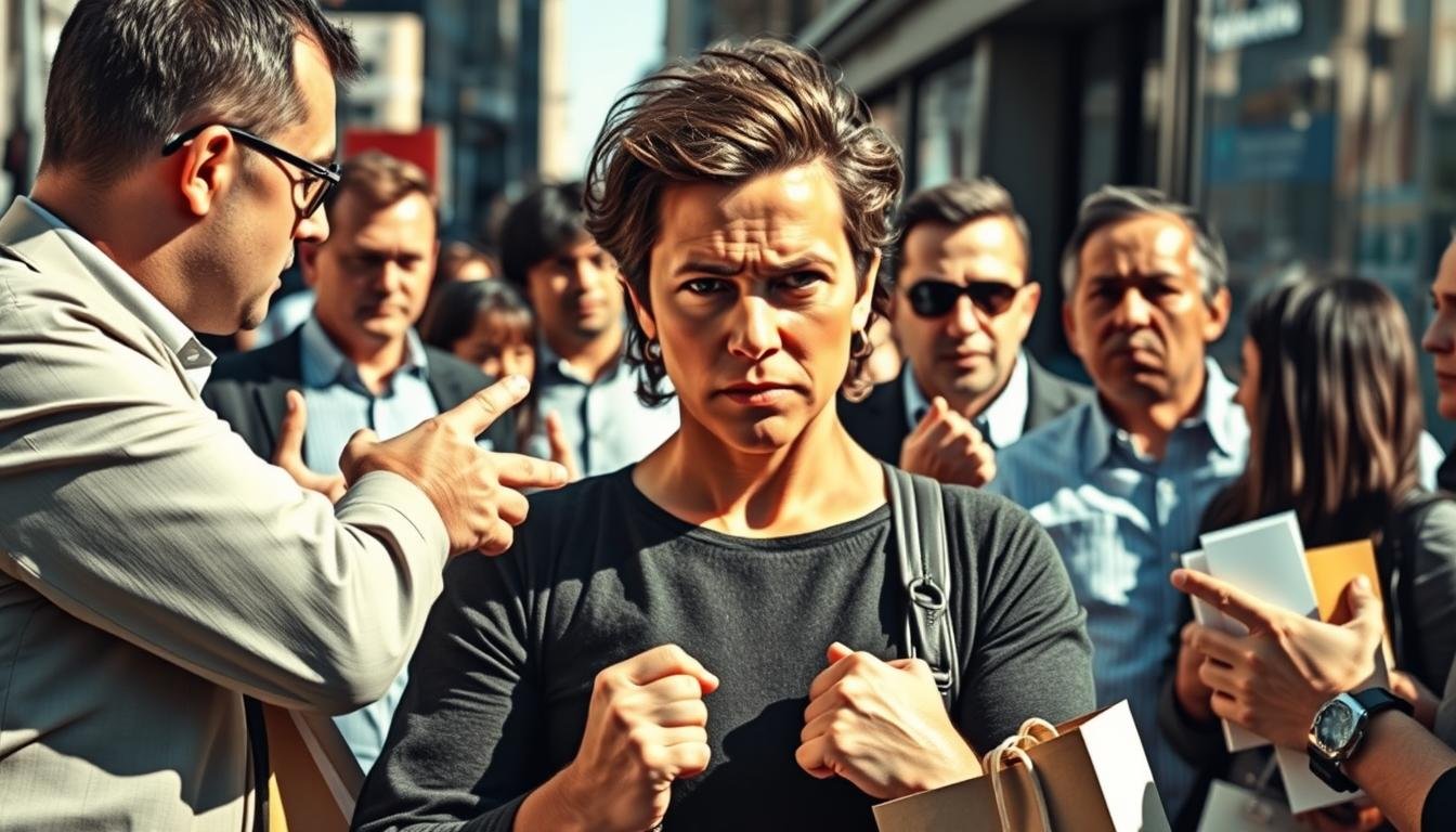 A bustling city street scene, with a determined-looking shopper standing their ground, surrounded by persistent salespeople employing various persuasive tactics. The shopper's body language conveys a resolute refusal, their gaze focused and unflinching. The background is a blur of activity, with passersby, storefronts, and the occasional security camera capturing the interaction. The lighting is natural, casting long shadows and highlighting the drama unfolding. The overall atmosphere is one of tension and negotiation, where the shopper's assertiveness and awareness of their rights are pitted against the sellers' persistent sales techniques.