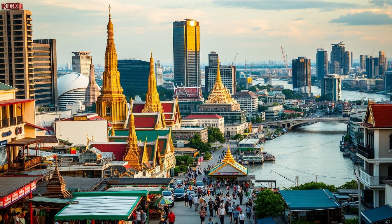 A bustling cityscape of Bangkok, showcasing its iconic landmarks and vibrant street life. In the foreground, colorful food stalls and lively markets bustling with local activity. The middle ground features towering skyscrapers and grand temples, their ornate architecture bathed in warm, golden light. In the background, the sinuous Chao Phraya River winds through the urban landscape, its reflections dancing on the water's surface. The scene captures the energy, diversity, and timeless charm of Bangkok, inviting the viewer to immerse themselves in the unique character of this Thai metropolis.