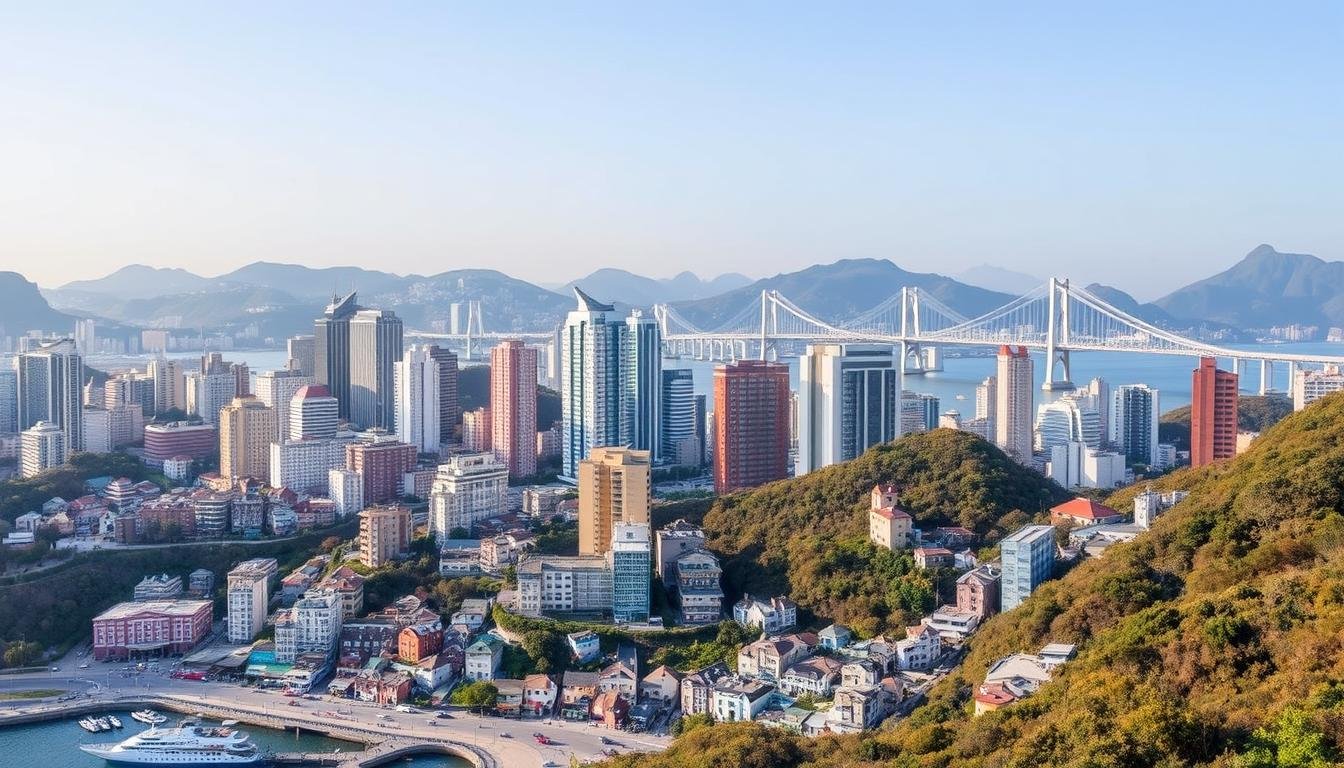 A bustling cityscape of Busan, South Korea, captured during the day. A picturesque harbor in the foreground, with colorful buildings and residential areas nestled along the slopes. In the middle ground, a series of high-rise hotels and serviced apartments, each offering a range of accommodations and rates tailored to the seasonal demand. The background is dominated by a panoramic view of the city's iconic landmarks, including the Gwangan Bridge and the towering mountains that surround the metropolitan area. The scene conveys a sense of vibrancy and a well-balanced ecosystem of lodging options, reflecting the strategic approach to budget-conscious travel in Busan across peak and off-peak seasons.