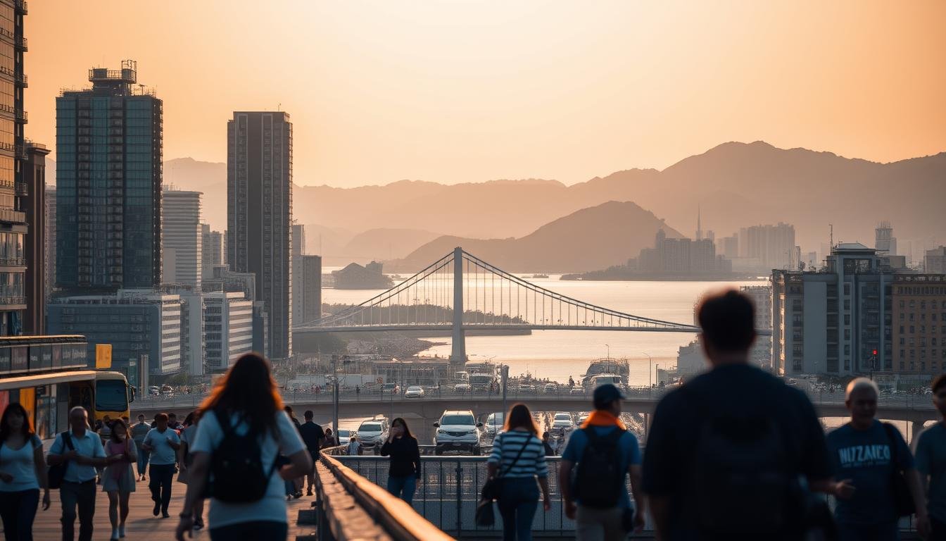 A bustling cityscape of Busan, South Korea, captured in a dynamic, cinematic style. In the foreground, pedestrians stroll along the vibrant waterfront, their silhouettes highlighted by the warm glow of sunset. The middle ground features the iconic Gwangan Bridge, its elegant curves stretching across the bay, framed by the towering skyscrapers of the Haeundae district. In the distance, the rolling hills and mountainous terrain create a stunning backdrop, bathed in a soft, diffused light. The overall atmosphere is one of energy, exploration, and a sense of discovery, perfectly encapsulating the spirit of an immersive Busan travel experience. A bustling cityscape of Busan, South Korea, captured in a dynamic, cinematic style. In the foreground, pedestrians stroll along the vibrant waterfront, their silhouettes highlighted by the warm glow of sunset. The middle ground features the iconic Gwangan Bridge, its elegant curves stretching across the bay, framed by the towering skyscrapers of the Haeundae district. In the distance, the rolling hills and mountainous terrain create a stunning backdrop, bathed in a soft, diffused light. The overall atmosphere is one of energy, exploration, and a sense of discovery, perfectly encapsulating the spirit of an immersive Busan travel experience.