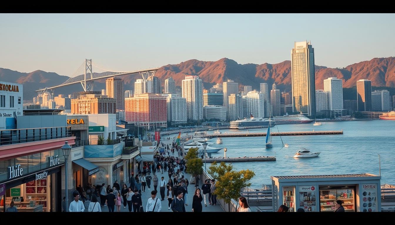 A bustling cityscape of Busan, South Korea, captured under a warm, golden evening light. In the foreground, a picturesque coastal promenade lined with high-end retail stores, chic boutiques, and trendy beauty shops. People leisurely stroll, browsing the latest Korean skincare and makeup products. In the middle ground, modern high-rise hotels and resorts overlook the sparkling harbor, their reflections rippling in the calm waters. The background features the iconic Busan skyline, with the towering Gwangan Bridge and the dramatic, rolling hills that frame the city. An atmosphere of relaxation, indulgence, and discovery permeates the scene, inviting the viewer to immerse themselves in the ultimate Busan shopping and lodging experience. A bustling cityscape of Busan, South Korea, captured under a warm, golden evening light. In the foreground, a picturesque coastal promenade lined with high-end retail stores, chic boutiques, and trendy beauty shops. People leisurely stroll, browsing the latest Korean skincare and makeup products. In the middle ground, modern high-rise hotels and resorts overlook the sparkling harbor, their reflections rippling in the calm waters. The background features the iconic Busan skyline, with the towering Gwangan Bridge and the dramatic, rolling hills that frame the city. An atmosphere of relaxation, indulgence, and discovery permeates the scene, inviting the viewer to immerse themselves in the ultimate Busan shopping and lodging experience.