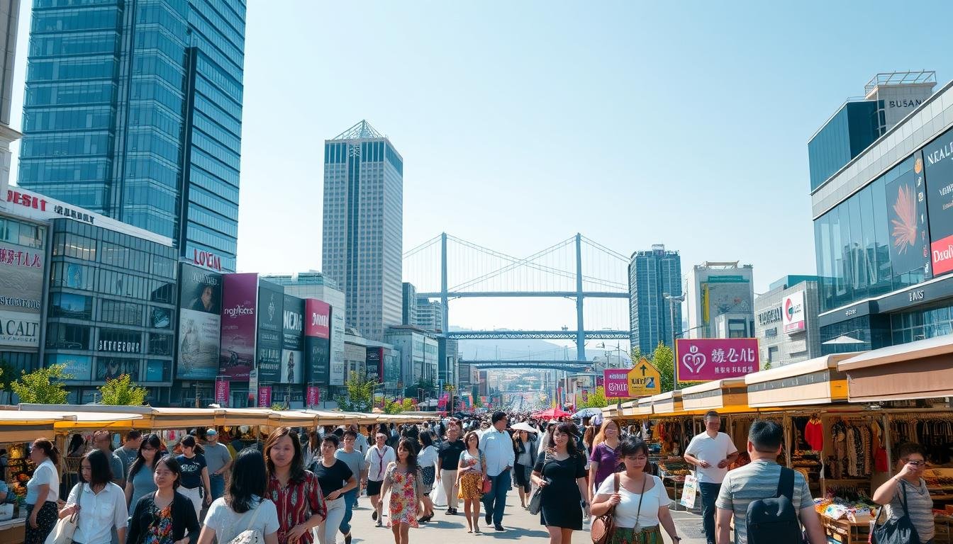 A bustling cityscape of Busan, South Korea, showcasing its vibrant shopping scene. In the foreground, a group of shoppers explore a lively outdoor marketplace, browsing an array of local fashion, accessories, and artisanal goods. The middle ground features towering modern shopping malls, their glass facades reflecting the day's warm sunlight. In the background, the iconic Gwangan Bridge spans the glistening waters of Busan's harbor, creating a stunning backdrop. The scene exudes an energetic and dynamic atmosphere, capturing the essence of Busan as a prime shopping destination. A bustling cityscape of Busan, South Korea, showcasing its vibrant shopping scene. In the foreground, a group of shoppers explore a lively outdoor marketplace, browsing an array of local fashion, accessories, and artisanal goods. The middle ground features towering modern shopping malls, their glass facades reflecting the day's warm sunlight. In the background, the iconic Gwangan Bridge spans the glistening waters of Busan's harbor, creating a stunning backdrop. The scene exudes an energetic and dynamic atmosphere, capturing the essence of Busan as a prime shopping destination.