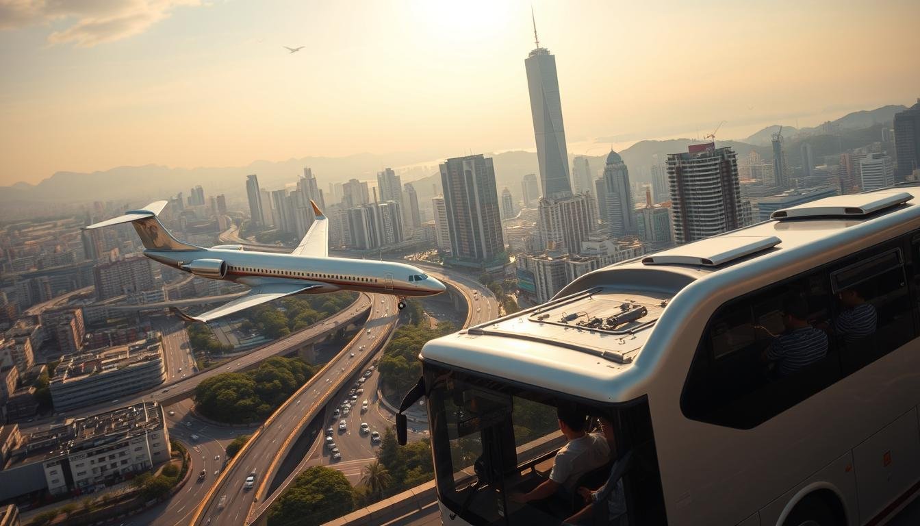 A bustling cityscape of Busan, South Korea, with a towering skyscraper in the background and a winding highway cutting through the center. In the foreground, a sleek and modern passenger jet soars gracefully, its silver fuselage catching the warm afternoon sun. Nearby, a sturdy, diesel-powered intercity bus navigates the congested streets, its passengers peering out the windows, taking in the sights. The scene conveys a sense of efficiency, progress, and the contrast between air and ground transportation options available for the journey between Busan and Seoul.