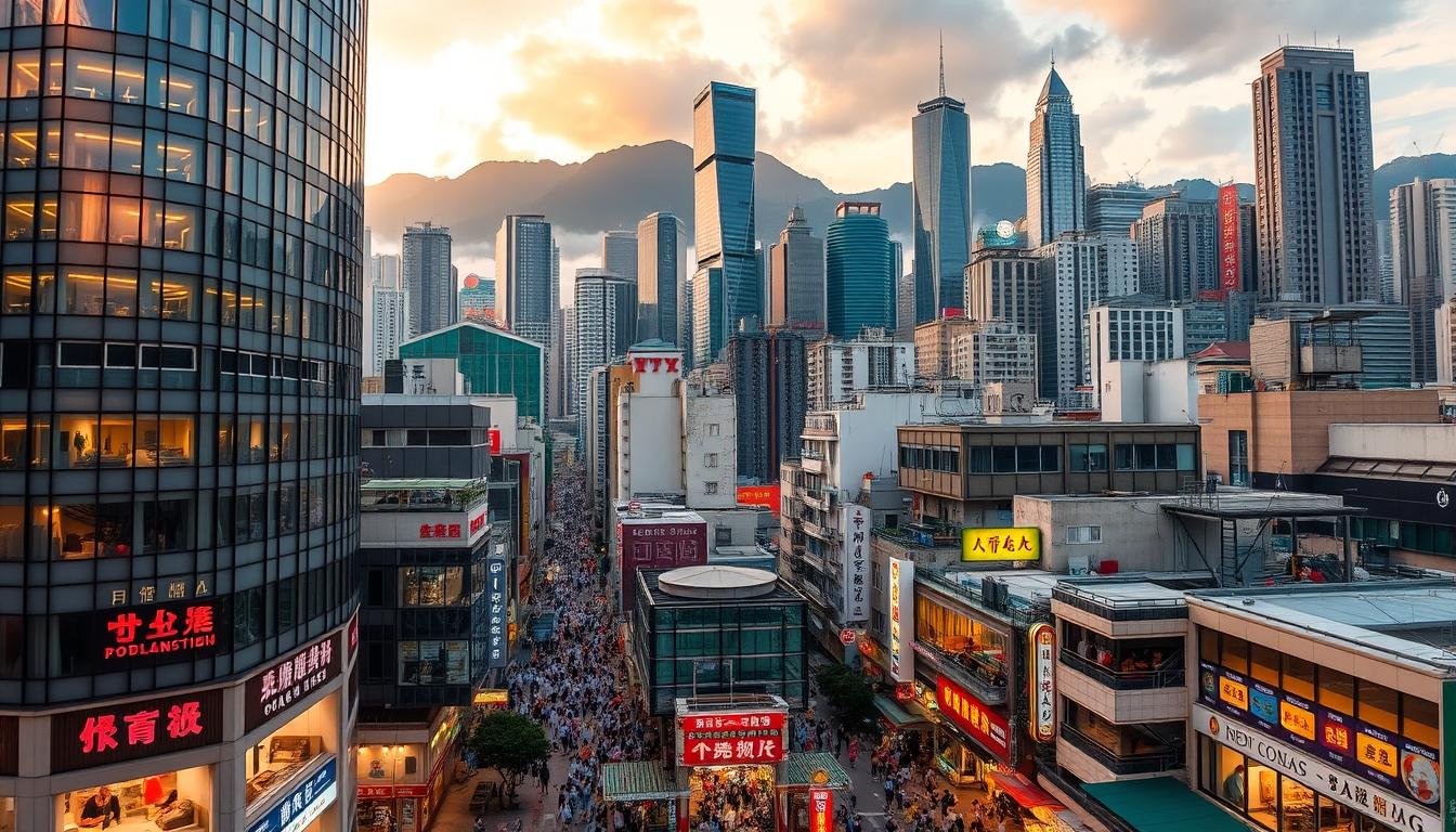 A bustling cityscape of Mong Kok and Yau Tsim Mong districts, Hong Kong. In the foreground, a modern high-rise hotel stands tall, its glass facade reflecting the vibrant neon signs and bustling streets below. The middle ground is filled with a maze of narrow alleyways lined with local shops, street food vendors, and crowded pedestrian traffic. In the background, the iconic skyscrapers of Hong Kong's skyline reach towards the sky, bathed in a warm, golden sunset glow. The scene conveys the energetic, densely-packed atmosphere of this renowned shopping and dining destination, capturing the essence of the hotel evaluation in this dynamic urban setting.