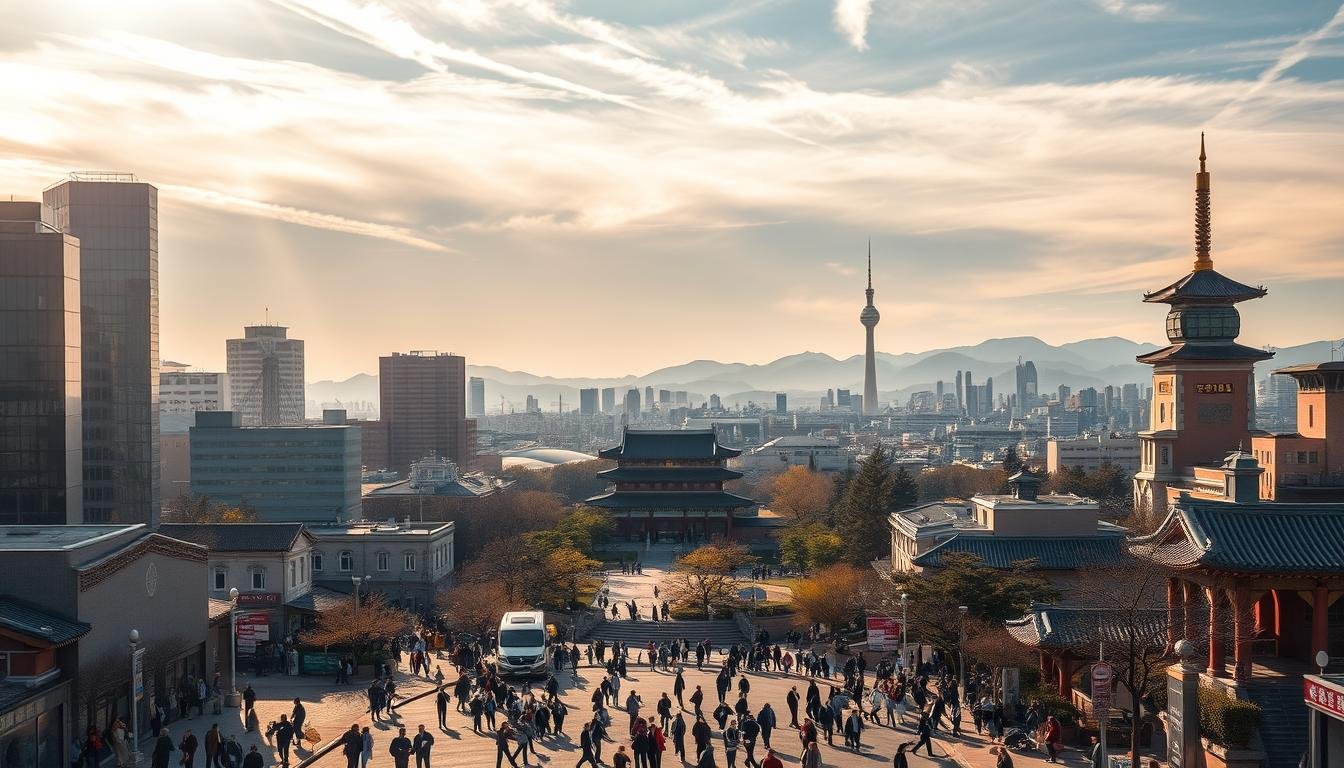 A bustling cityscape of Seoul, South Korea, captured in a timeless classic route. Towering skyscrapers and historic landmarks intermingle, bathed in warm, golden sunlight filtering through wispy clouds. In the foreground, pedestrians navigate the lively streets, immersed in the vibrant culture. The middle ground features the iconic Gyeongbokgung Palace, its grand architecture and tranquil gardens inviting exploration. In the distance, the iconic N Seoul Tower stands tall, overlooking the city panorama. The scene conveys a sense of wonder, showcasing the harmonious blend of modern and traditional elements that define the essence of Seoul's timeless charm. A bustling cityscape of Seoul, South Korea, captured in a timeless classic route. Towering skyscrapers and historic landmarks intermingle, bathed in warm, golden sunlight filtering through wispy clouds. In the foreground, pedestrians navigate the lively streets, immersed in the vibrant culture. The middle ground features the iconic Gyeongbokgung Palace, its grand architecture and tranquil gardens inviting exploration. In the distance, the iconic N Seoul Tower stands tall, overlooking the city panorama. The scene conveys a sense of wonder, showcasing the harmonious blend of modern and traditional elements that define the essence of Seoul's timeless charm.