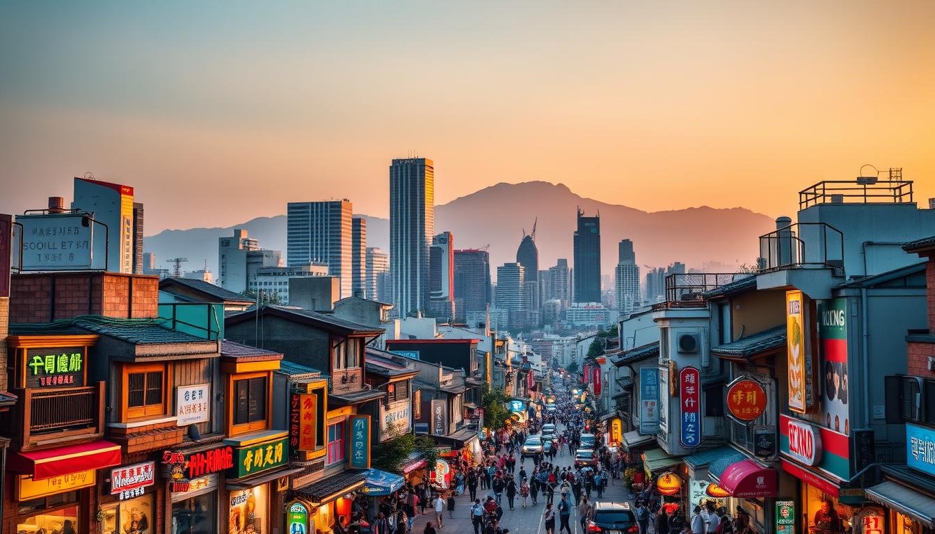 A bustling cityscape of Seoul, South Korea, captured in a vibrant, cinematic style. In the foreground, the iconic Myeong-dong district comes to life, with its colorful storefronts, neon signs, and throngs of pedestrians. In the middle ground, the modern high-rises of Gangnam district reach towards the sky, while in the background, the serene Namsan Mountain provides a natural backdrop. Warm, golden lighting illuminates the scene, casting a cozy, atmospheric glow. The image evokes the energy and excitement of exploring Seoul's diverse neighborhoods, from the shopping mecca of Myeong-dong to the trendy, upscale Gangnam area, with the picturesque mountain vistas serving as a picturesque reminder of the city's natural beauty. A bustling cityscape of Seoul, South Korea, captured in a vibrant, cinematic style. In the foreground, the iconic Myeong-dong district comes to life, with its colorful storefronts, neon signs, and throngs of pedestrians. In the middle ground, the modern high-rises of Gangnam district reach towards the sky, while in the background, the serene Namsan Mountain provides a natural backdrop. Warm, golden lighting illuminates the scene, casting a cozy, atmospheric glow. The image evokes the energy and excitement of exploring Seoul's diverse neighborhoods, from the shopping mecca of Myeong-dong to the trendy, upscale Gangnam area, with the picturesque mountain vistas serving as a picturesque reminder of the city's natural beauty.