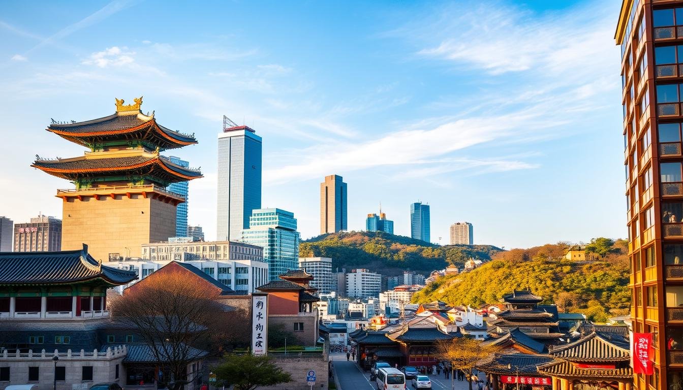 A bustling cityscape of Seoul, South Korea, captured in a vibrant, high-resolution image. In the foreground, the iconic Gwanghwamun Gate stands tall, its intricate architecture bathed in warm, golden light. The middle ground showcases the towering skyscrapers of the city's financial district, their sleek glass facades reflecting the azure sky. In the background, the lush, verdant hills of Namsan Park provide a serene contrast, their slopes dotted with traditional hanok houses and temples. The scene is infused with a sense of energy and modernity, blending the old and the new seamlessly. Capture the essence of Seoul's most captivating landmarks in a cinematic, wide-angle composition.