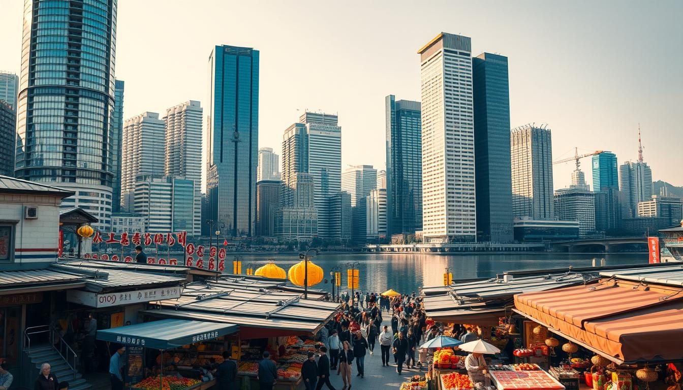 A bustling cityscape of Seoul, South Korea, captured in a vivid cinematic style. Towering skyscrapers of glass and steel rise against a clear sky, their reflections dancing on the surface of a serene river. In the foreground, vibrant street markets overflow with colorful produce and traditional handicrafts, while pedestrians weave through the lively crowds. Warm, golden lighting bathes the scene, creating a sense of inviting atmosphere. The composition emphasizes the harmonious blend of modern and historic elements that define the character of this iconic Asian metropolis.