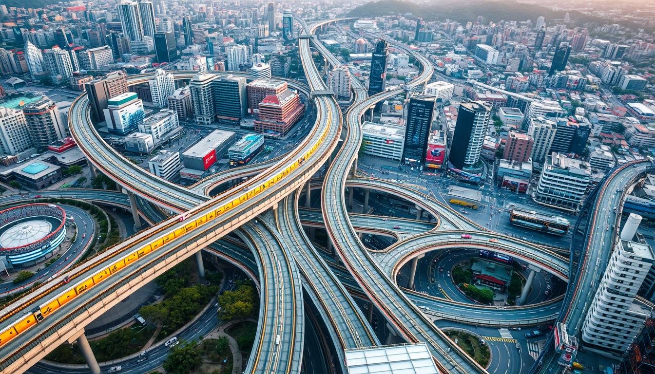 A bustling cityscape of Seoul, South Korea, with a focus on the intricate network of transportation infrastructure. The scene depicts a bird's-eye view of the city, showcasing the intricate web of metro lines, bus routes, and interconnected roads that allow for efficient movement throughout the urban landscape. The image should convey a sense of dynamism and interconnectedness, with people and vehicles seamlessly navigating the various modes of transportation. The lighting should be warm and inviting, creating a welcoming atmosphere for both locals and visitors. The composition should balance the technical details of the transportation system with the human elements, capturing the vibrant energy of the city.