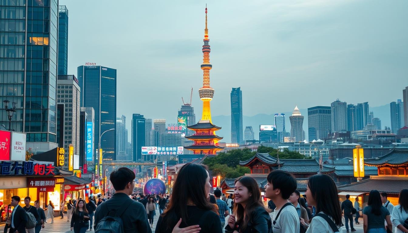 A bustling cityscape of Seoul, the vibrant capital of South Korea. Towering skyscrapers, neon-lit streets, and bustling pedestrians create an electric atmosphere. In the foreground, a group of young locals immersed in lively conversation, showcasing the dynamic energy of the city. The middle ground features iconic landmarks such as the N Seoul Tower, its observation deck offering panoramic views of the metropolis. The background is a blend of modern architecture and traditional hanok houses, highlighting the harmonious coexistence of old and new. The scene is bathed in a warm, golden glow, evoking a sense of sophistication and modernity. An image that captures the essence of Seoul as a must-visit destination for the discerning traveler.